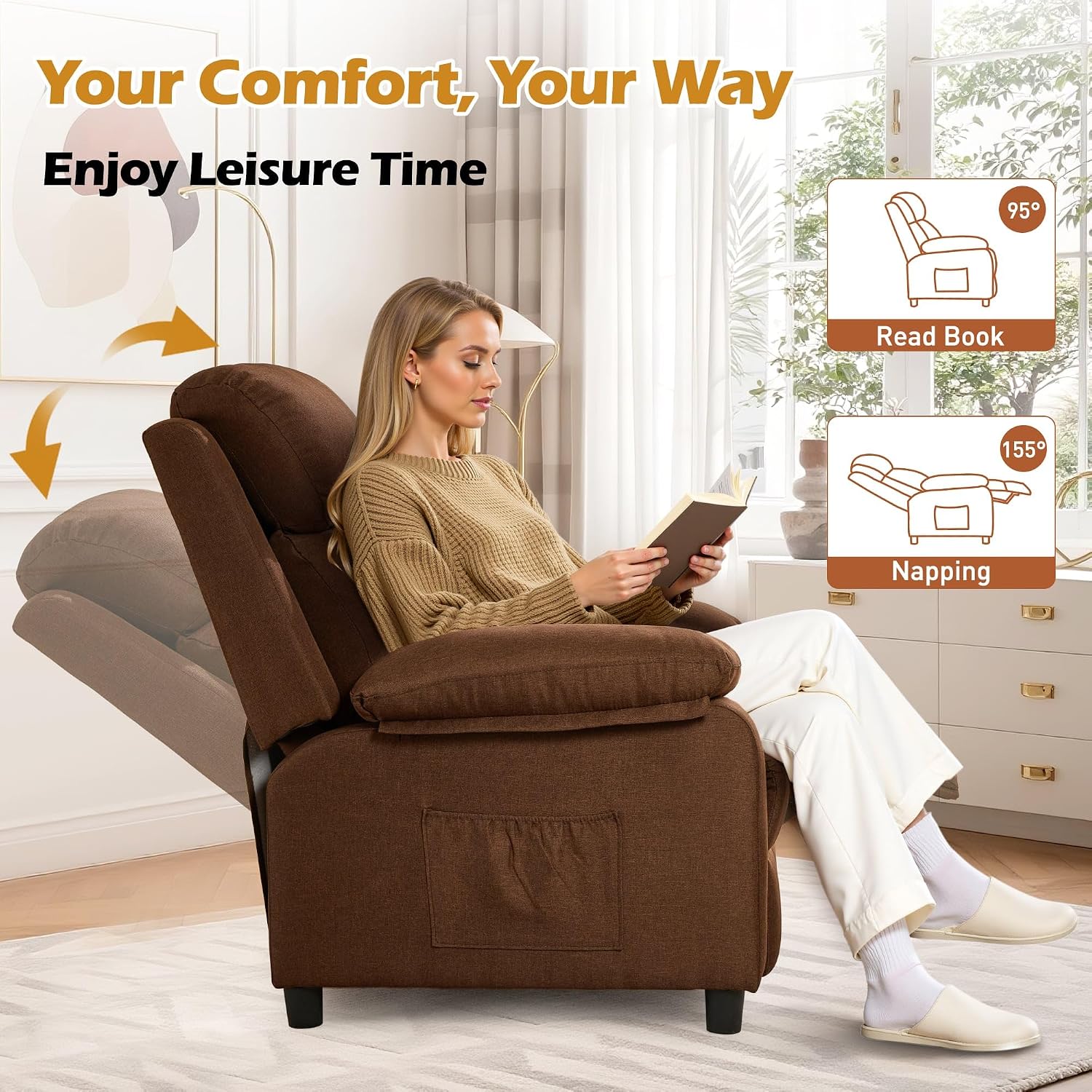 Korser Recliner Chair, Living Room Chairs for Adults, Padded Deep Seat Reading Chair with Side Pockets, Small Recliners for Small Spaces, Lounge Chair for Living Room, Bedroom, and RV (Linen)