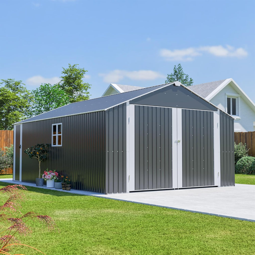 KEIKI 12x20 FT Outdoor Metal Storage Shed Garage with Double Doors, Large Capacity Steel Utility Shed for Vehicle Equipment and Garden Tool Storage, Weather Resistant Backyard Shed