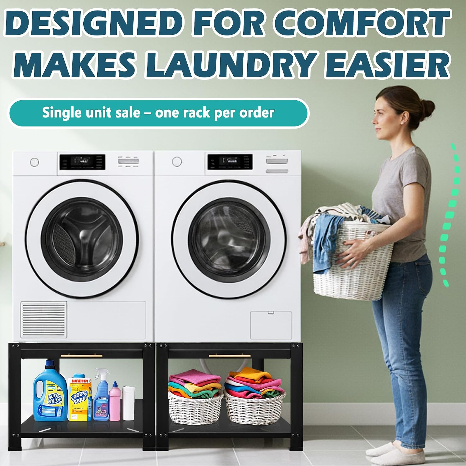 Royxen Washer and Dryer Pedestals with Drawer,29' W x 29' D x 19.5' H Metal Heavy Duty Laundry Pedestal, Universal Washing Machine Stand for Basket Shelf, 850lbs Capacity,Black