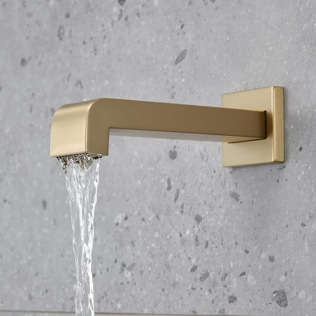 SOOOHOT Brushed Gold Shower Fixtures, Gold Shower Faucet Set with 12 Inch Gold Shower Heads with Handheld Spray Combo and Tub Spout, Shower Systems with Rain Shower and Handheld (Valve Included)