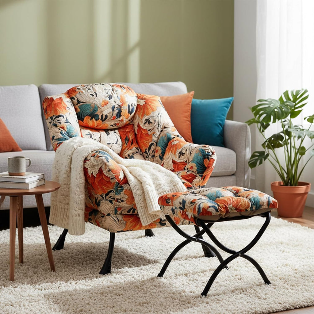 Welnow Lazy Chair with Ottoman, Modern Accent Chair with Armrests and a Side Pocket, Leisure Sofa Armchair Set, Reading Armchair with Footrest for Small Space, Orange Blue
