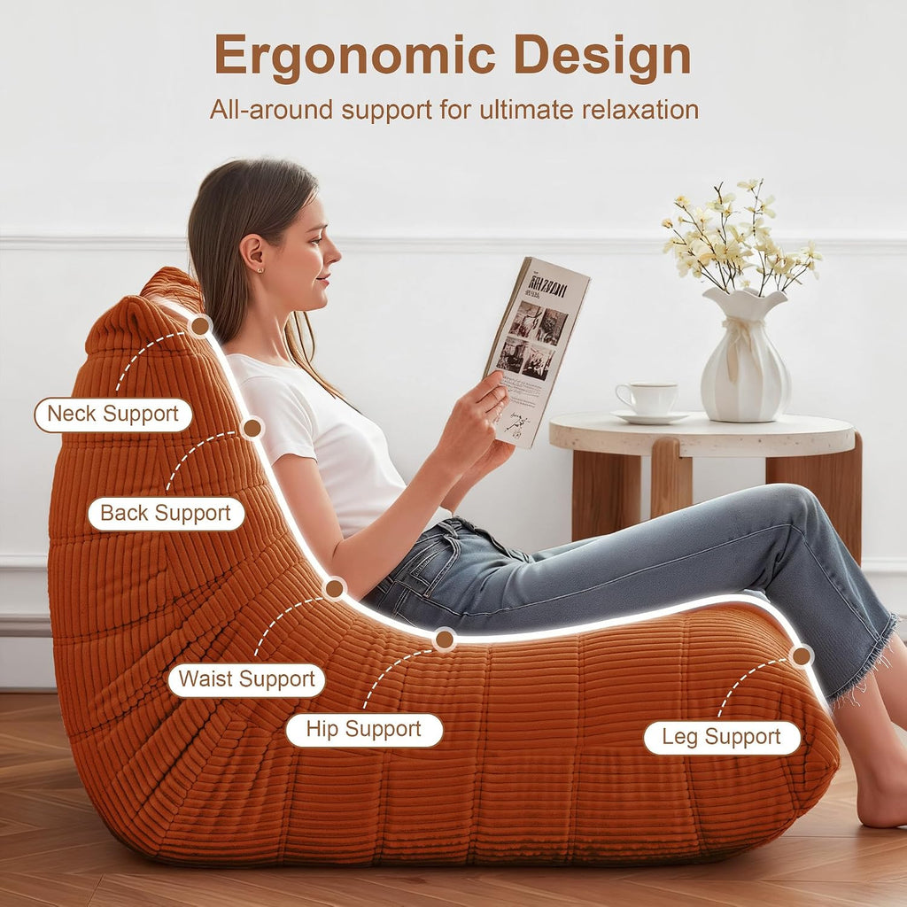 Bean Bag Chair for Adults, Giant Bean Bag Chairs with Lumbar Pillow, Oversized Corduroy Memory Foam Boneless Chair with High-Rebound, Lazy Floor Sofa for Reading Gaming Living Room Bedroom, Orange