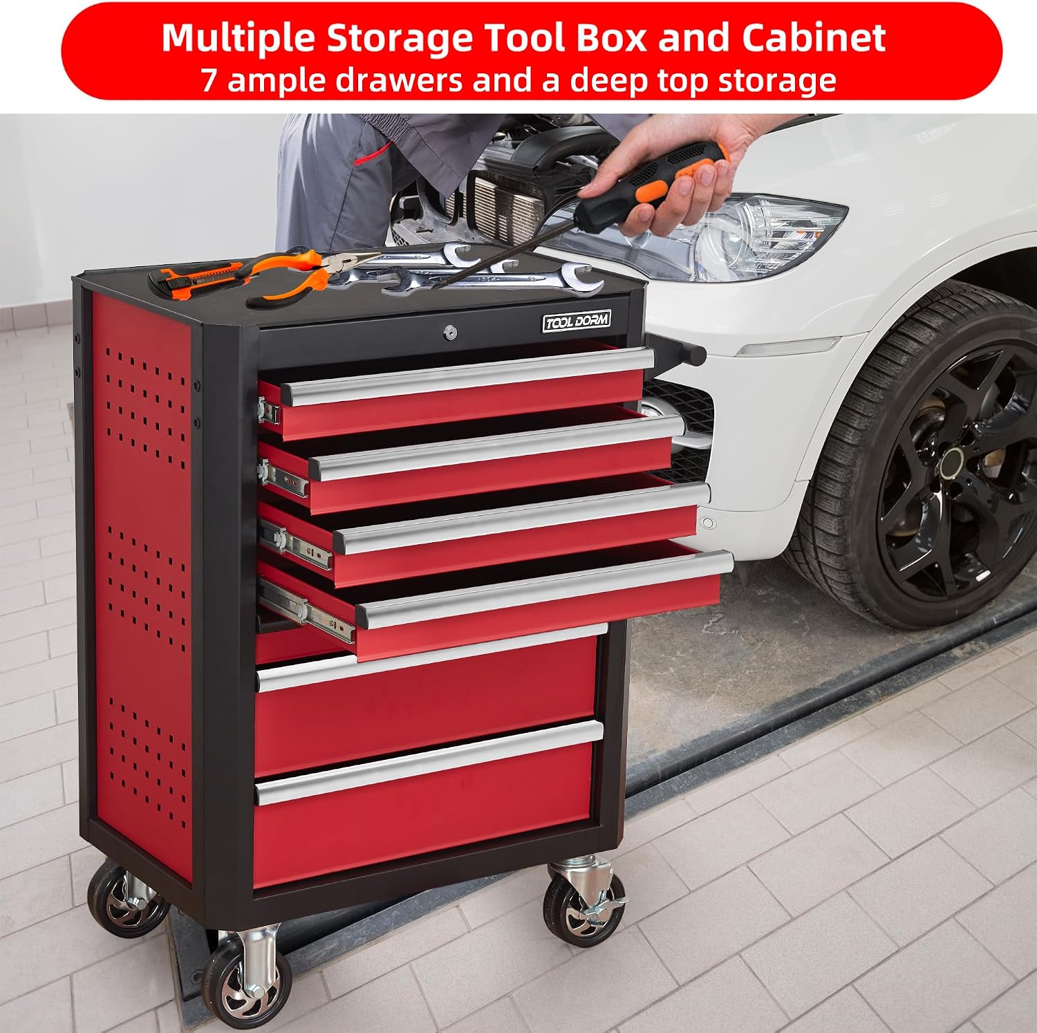 Upgrade 7-Drawer Rolling Tool Chest with Locking Wheels & Drawers, 18.5' D x 27.9' W x 39.5' H Mobile Tool Storage Cabinet, Heavy-Duty Garage Organizer w/Ergonomic Handle