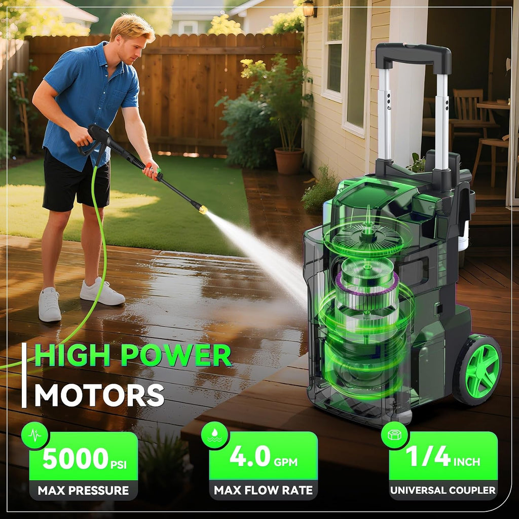 Electric Pressure Washer 5000PSI, Heavy Duty Power Washer Electric Powered, with 4 Nozzles,Foam Cannon,33FT Hose and 500ml Soap Bottle,Car Wash Machine/Car/Driveway/Patio Clean,Green