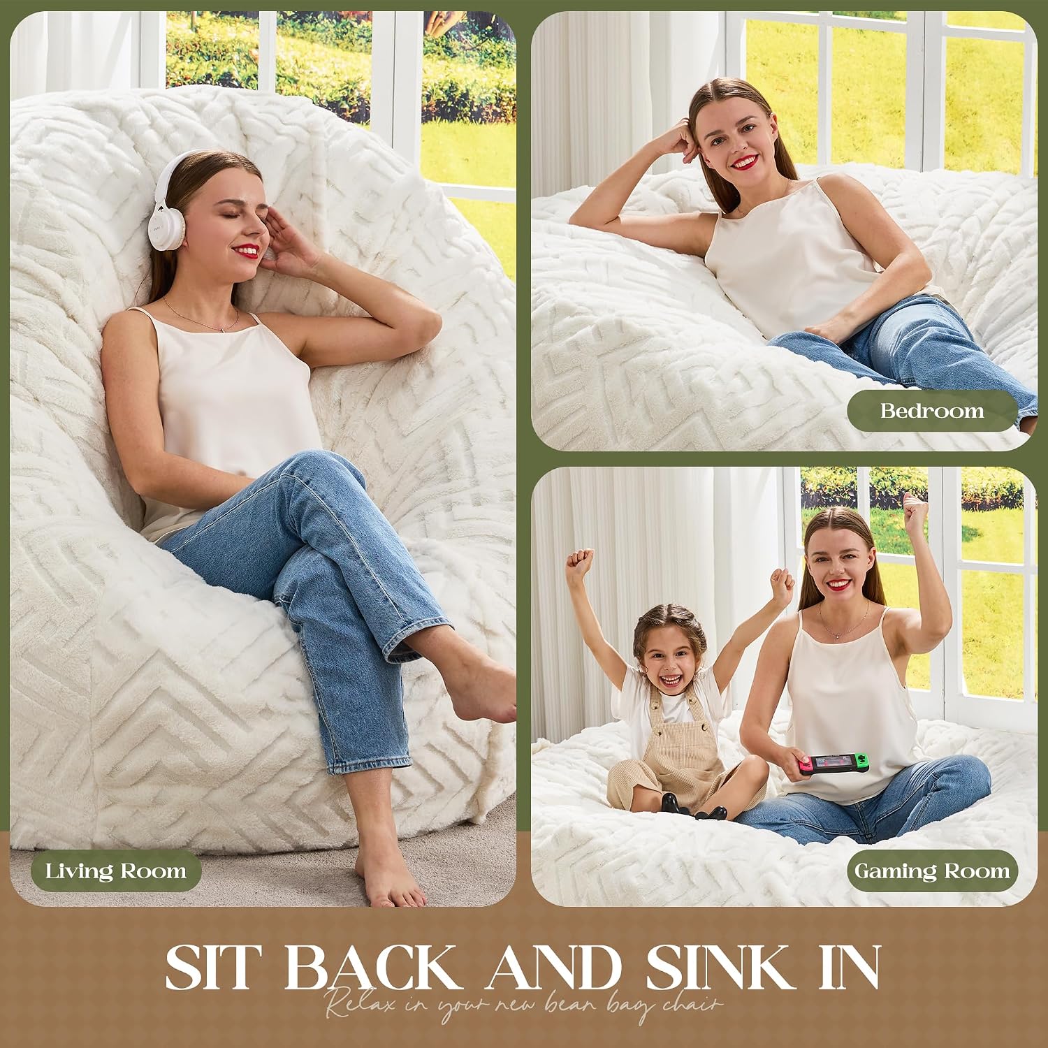 Hobestluk Bean Bag Chairs Adults Beanbag Chair with Filler Large Bean Bags with Fluffy Embossed Cover, Giant Bean Bag Chairs for Adults (White, 6FT - 70' x 70' x 15')