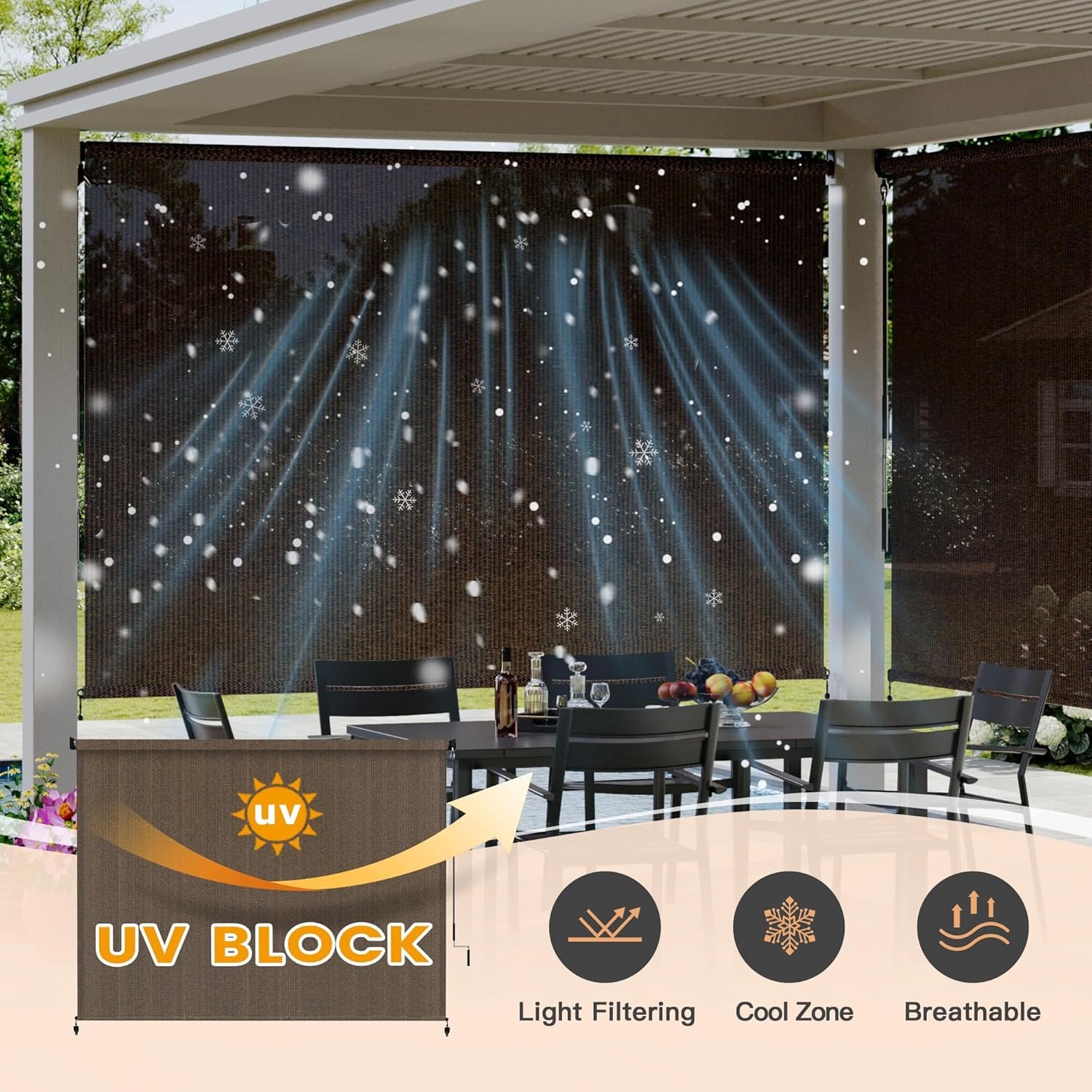 VICLLAX Outdoor Roller Shade (10' W×8' L), Patio Cordless Roller Blinds, Exterior Roll Up Shade with Spliced Design for Patio Porch Gazebo, Mocha