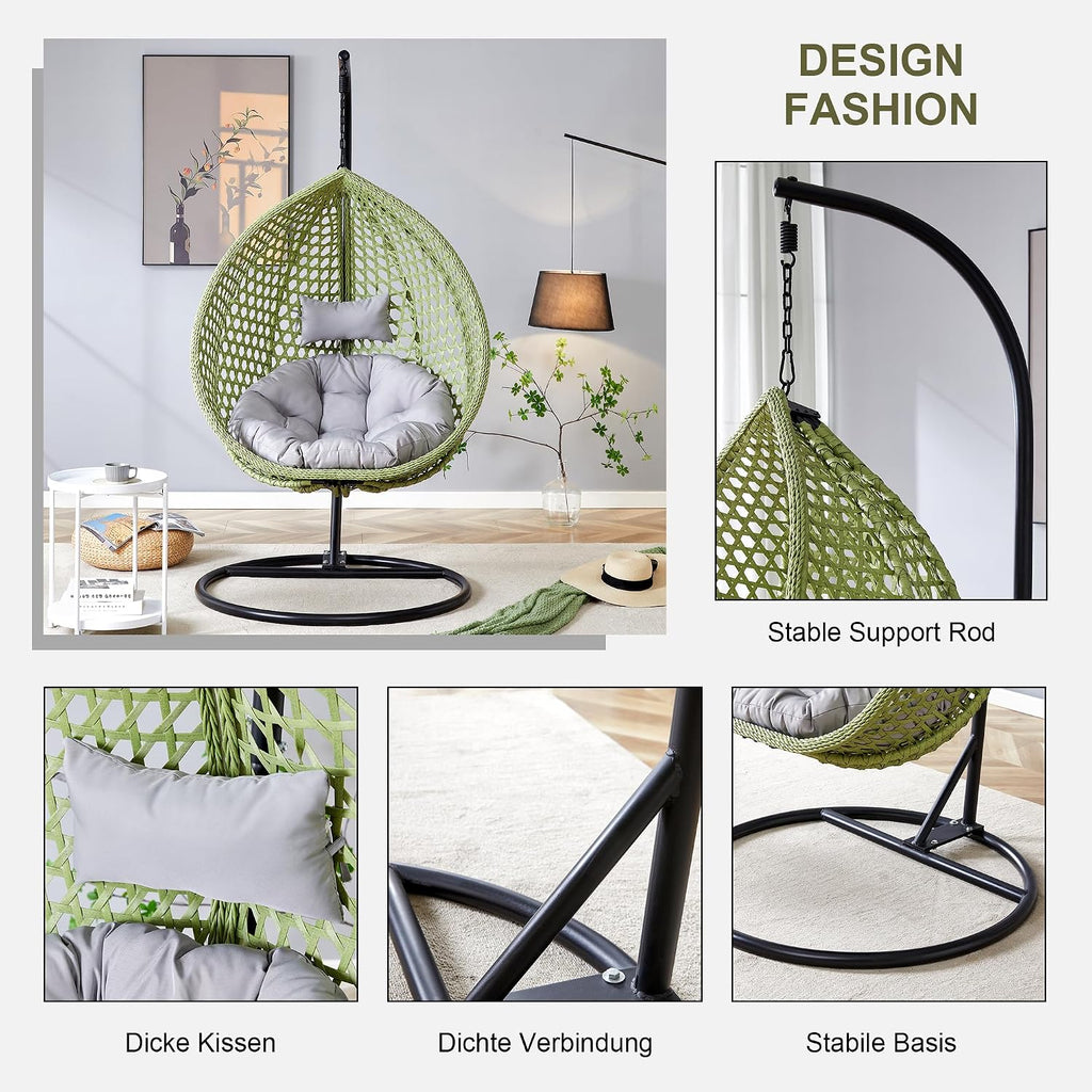 Egg Swing Chair with Stand,Green Swing Egg Chair with Stand, Rattan Hanging Egg with Soft Cushion, Outdoor Hanging with Foldable Basket and Metal Stand for Bedroom Patio