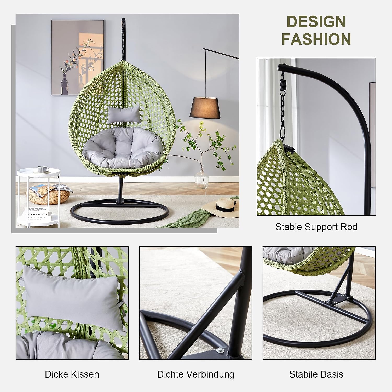 Egg Swing Chair with Stand,Green Swing Egg Chair with Stand, Rattan Hanging Egg with Soft Cushion, Outdoor Hanging with Foldable Basket and Metal Stand for Bedroom Patio