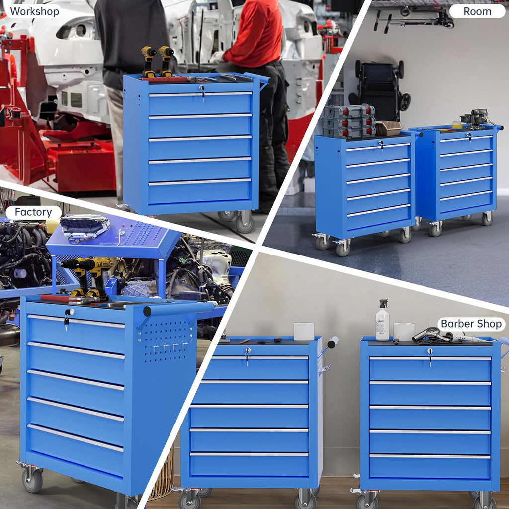 5-Drawer Tool Chest,Rolling Tool Cart with Wheels,High Capacity Tool Cabinet with Locking System for Garage, Warehouse, Workshop-Blue