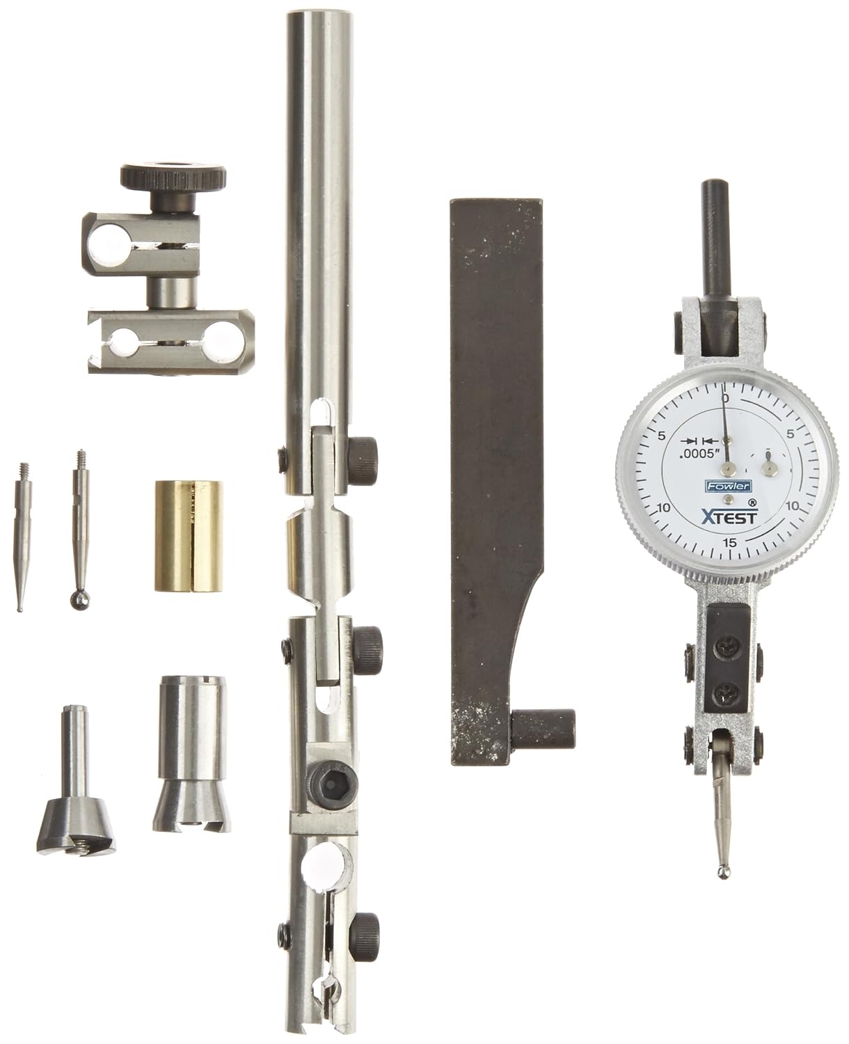 Fowler 52-562-110 Horizontal White Dial X-Test Indicator and Accessory Combo Kit, 0.0005' Graduation Interval, 1' Diameter