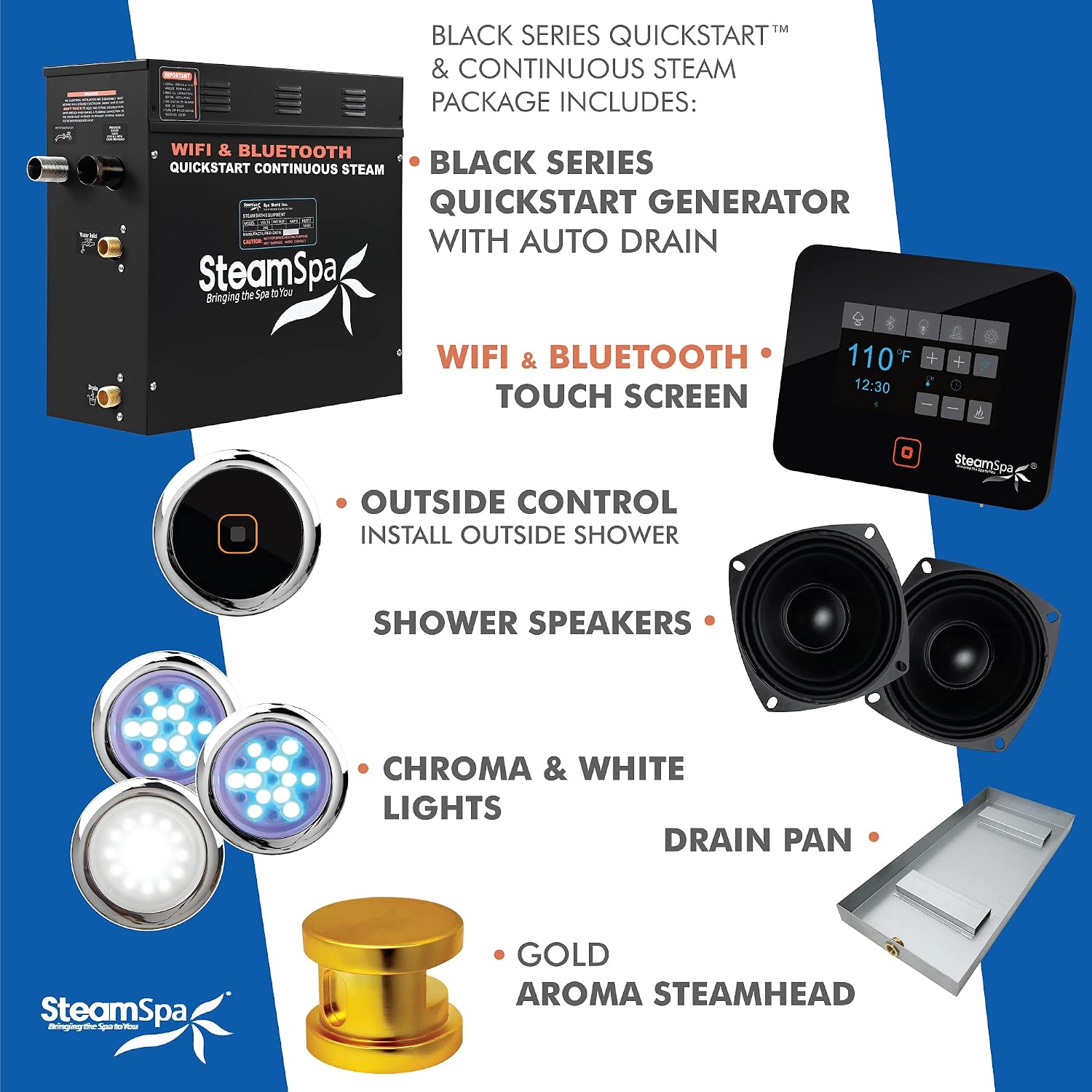 Generator with Quick Start Continuous Steam Technology, Wi-Fi, Bluetooth and Autodrain | 4.5kW Steam Generator with Gold Steam Head with Aromatherapy Reservoir | RVB450GD-A