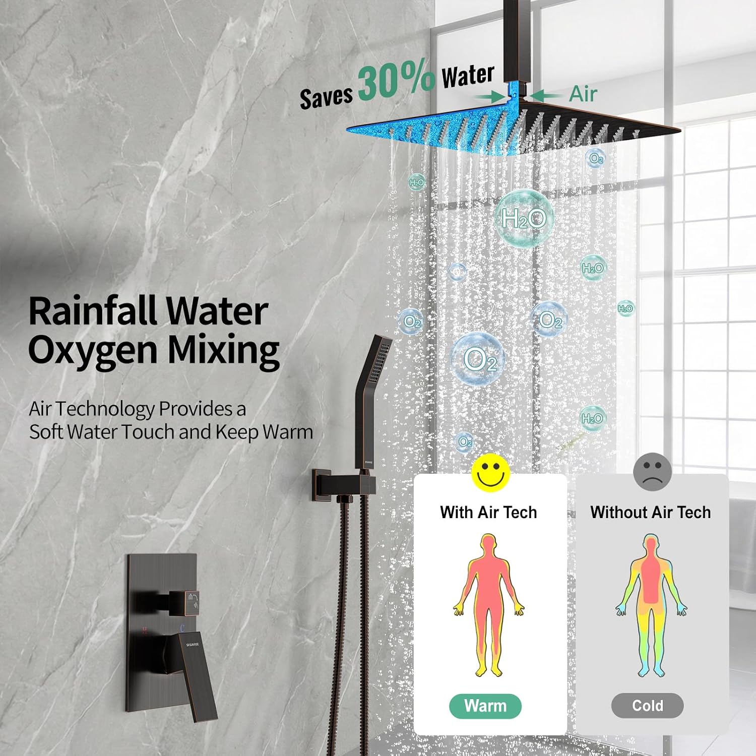 SR SUN RISE 12 Inch Oil Rubbed Bronze Shower System Brass Bathroom Luxury Rain Mixer Shower Combo Set Ceiling Mounted Rainfall Shower Head System Faucet Trim Repair Kits with Rough-In Valve and Trim