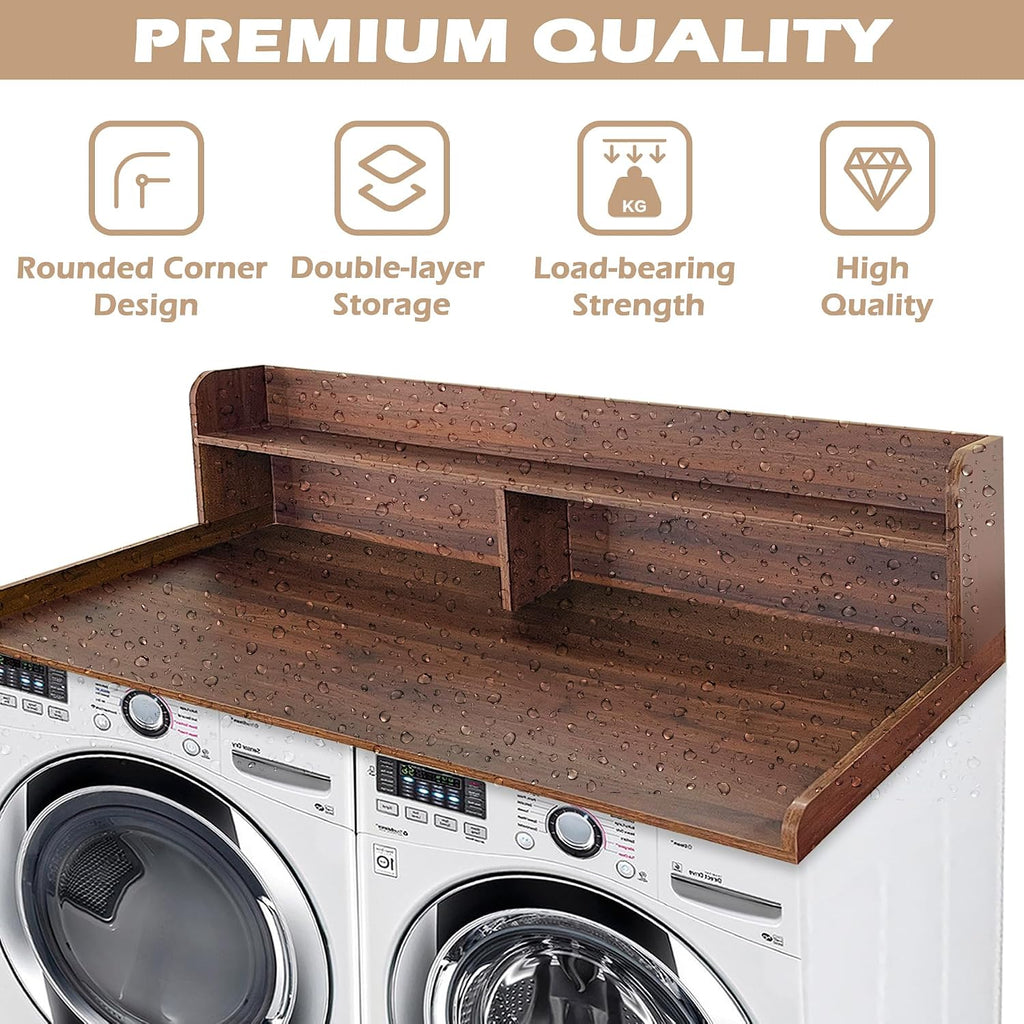 Royxen Laundry Countertop with 2-Tier Shelf Universal Fit, Washer and Dryer Countertop with Storage Space, Shelf Height 11.5 Inches, Solid Wood Core, Walnut
