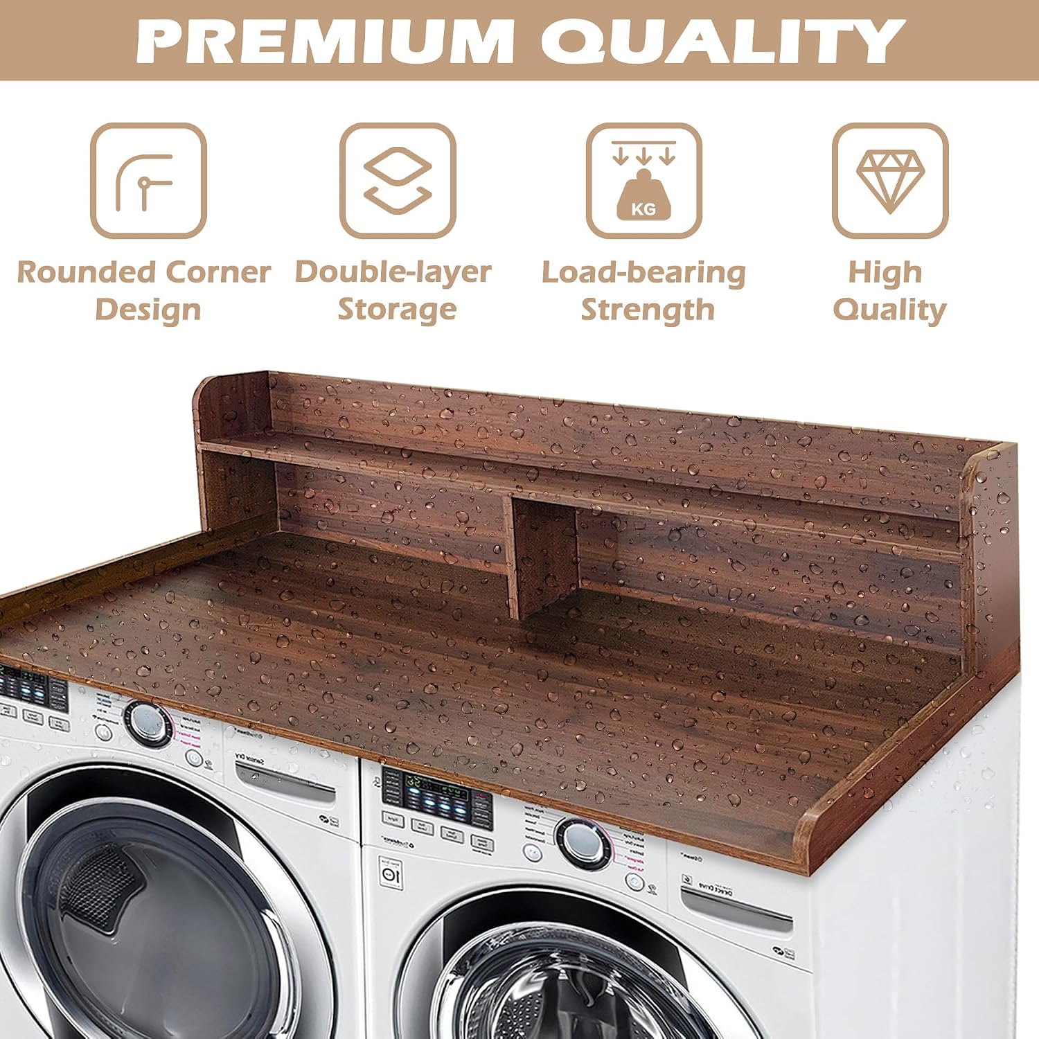 Royxen Laundry Countertop with 2-Tier Shelf Universal Fit, Washer and Dryer Countertop with Storage Space, Shelf Height 11.5 Inches, Solid Wood Core, Walnut