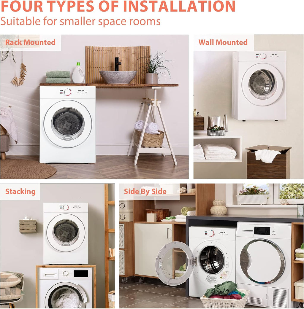 Euhomy Compact Dryer 1.8 cu. ft. Portable Clothes Dryers with Exhaust Duct with Stainless Steel Liner Four Function Small Dryer Machine, Suitable for Apartments, Dorm, RVs, White