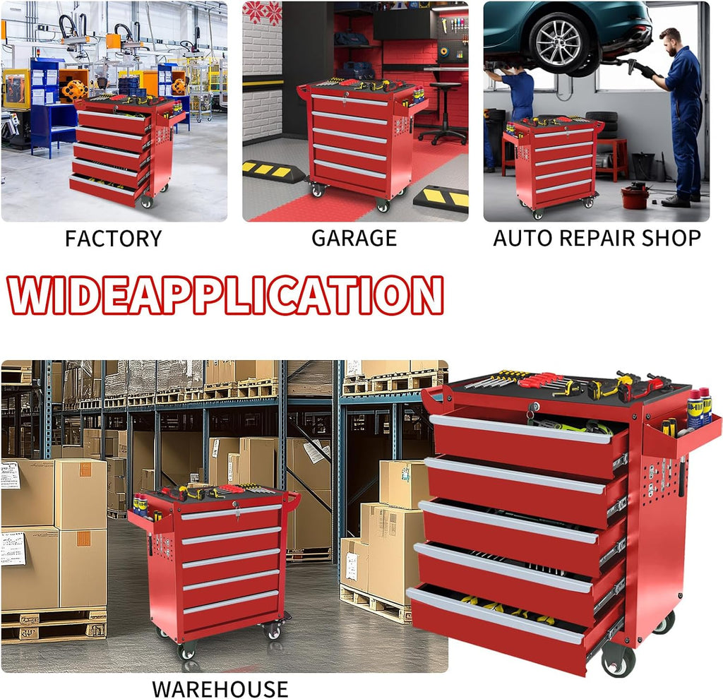 Rolling Tool Chest with Wheels, 5 Drawers Tool Storage Cabinet, Portable Metal Tool Box Organizer with Lock, Tool Cart on Wheels Toolbox Workbench for Garage, Workshop, Warehouse(Required Assembly)