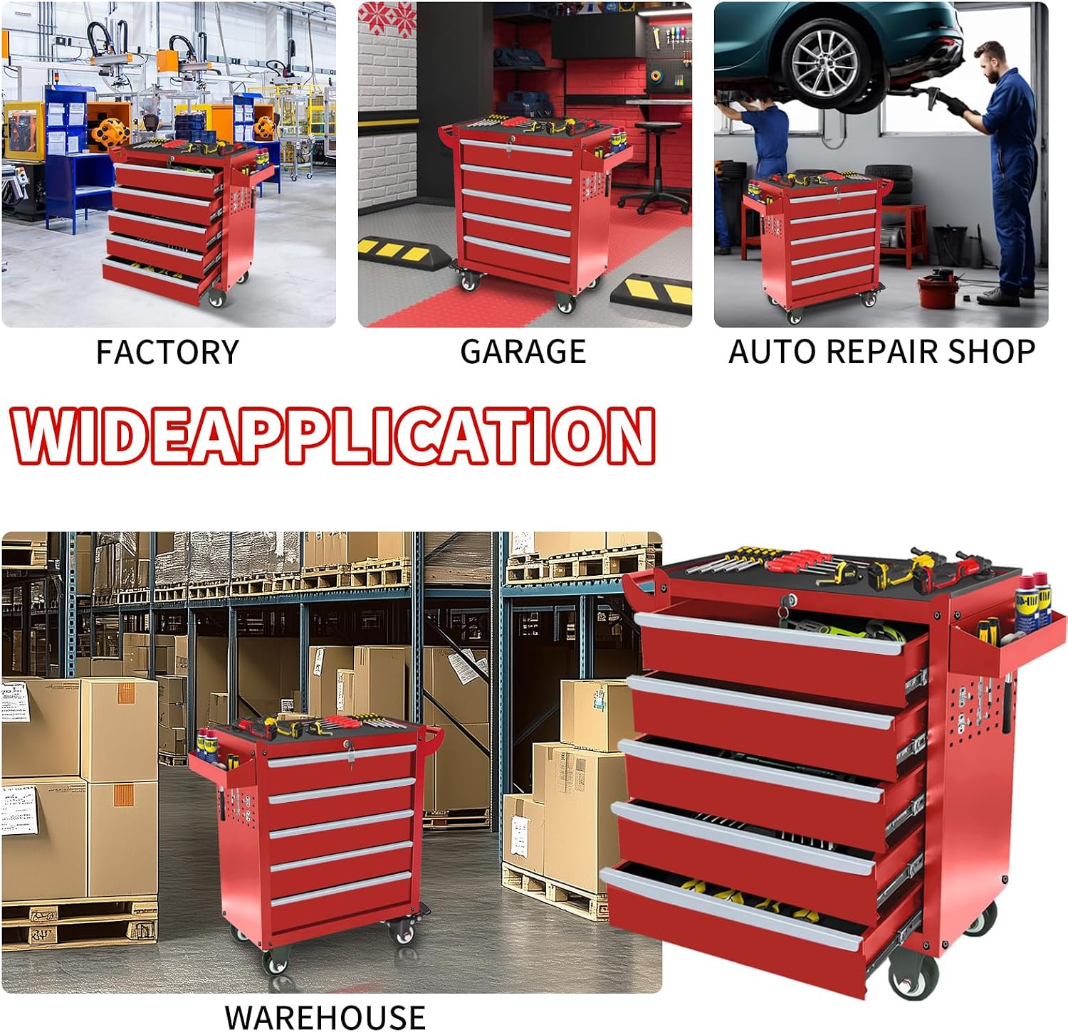 Rolling Tool Chest with Wheels, 5 Drawers Tool Storage Cabinet, Portable Metal Tool Box Organizer with Lock, Tool Cart on Wheels Toolbox Workbench for Garage, Workshop, Warehouse(Required Assembly)
