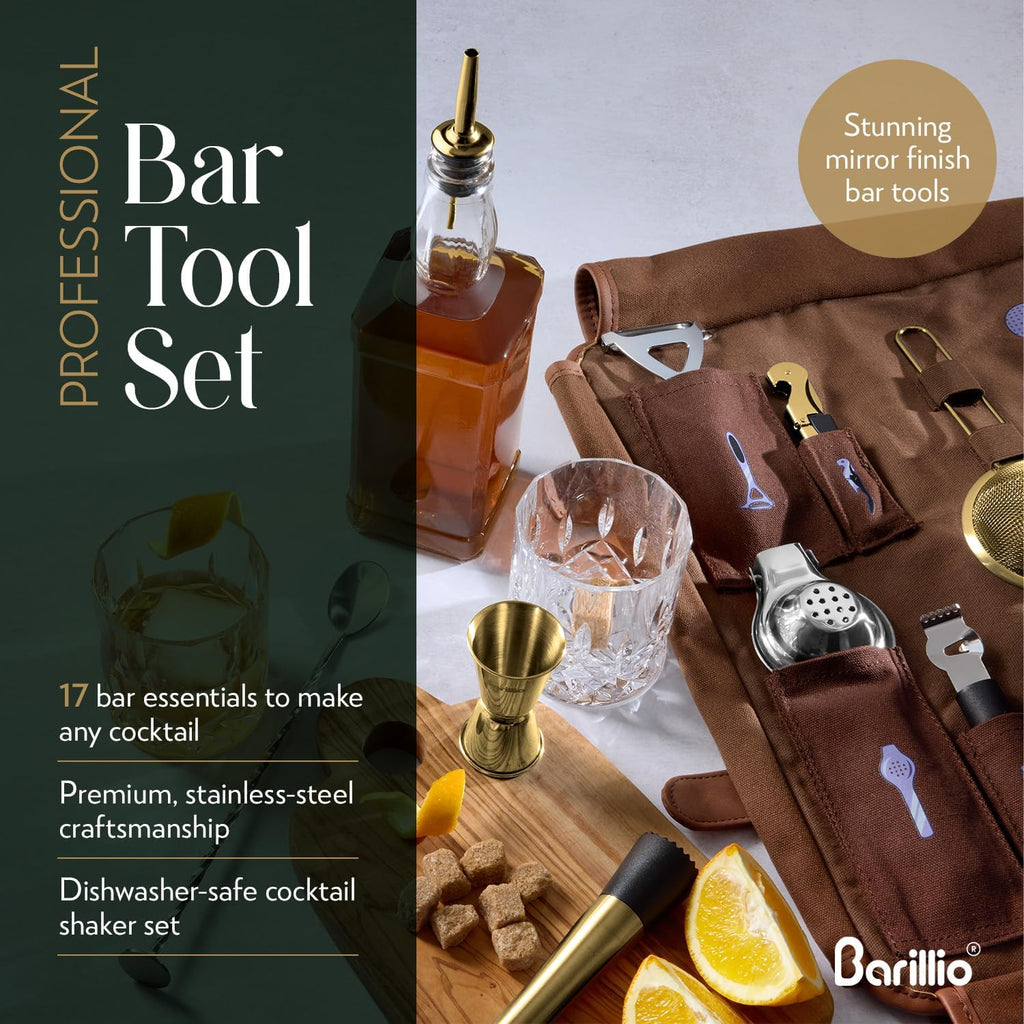 Barillio Bartender Kit Bag with Gold Cocktail Shaker Set - Waxed Canvas, Traveling Bar Tools Bag with 17-Pc Cocktail Kit - Travel Mixology Bartending Kits - Mobile Bar Roll with Strap & Accessories