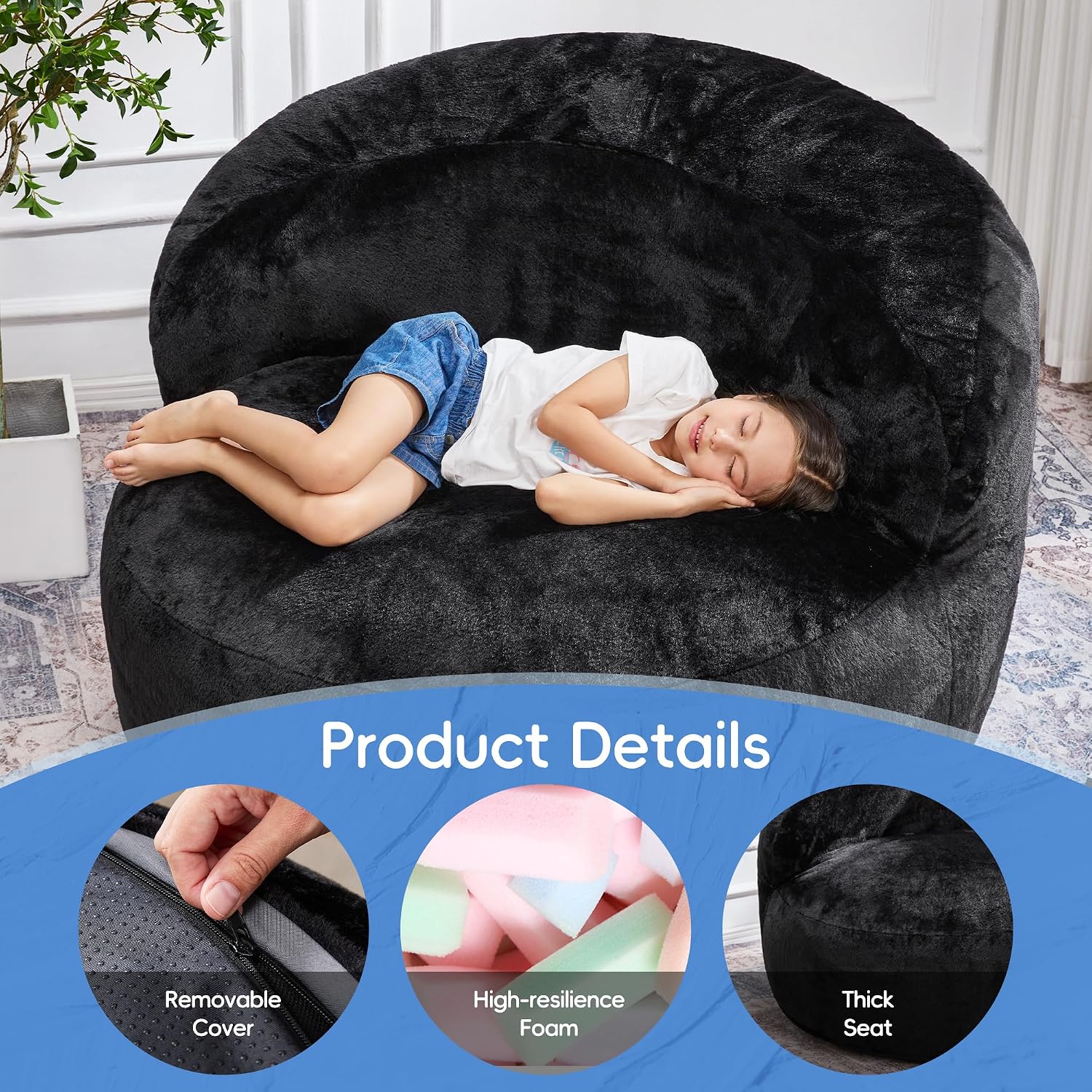 Hobestluk Bean Bag Chair Giant Bean Bag Chairs for Adults Big Bean Bag Chair with Memory Foam Filler Adults Large Beanbag with Faux Fur Cover for Bedroom(Plush Black,Oversize)