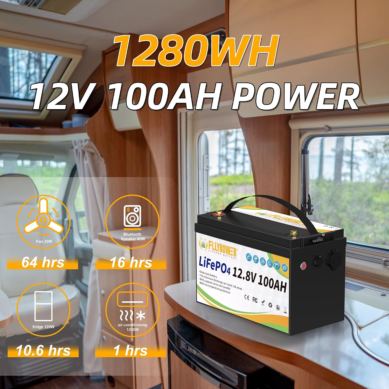 FLLYROWER 12V Lithium Battery 100AH With BMS and 16500 Deep Cycles 12V 100AH Lifepo4 Battery Grade A Cells for Marine Trolling Motor RV camping Solar Golf Cart Off-Grid