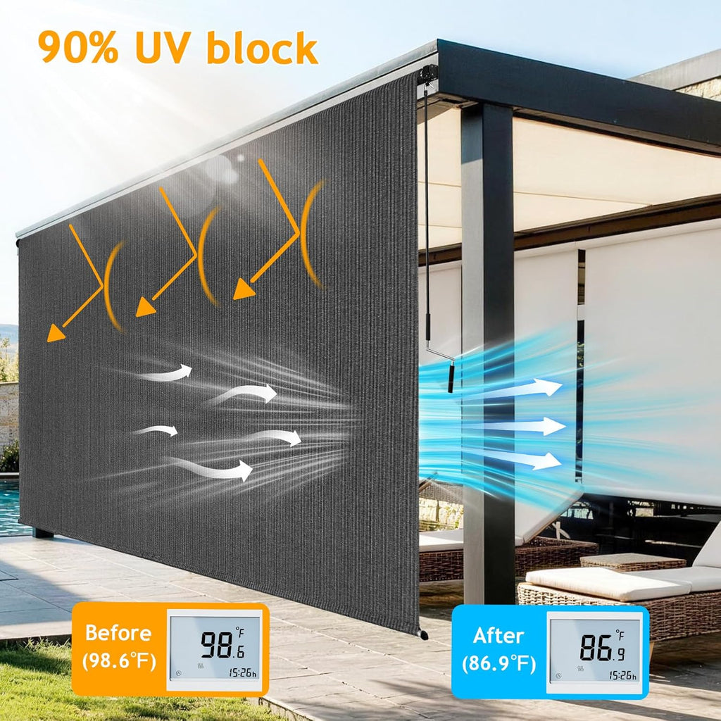 10'W x 8'H Gray Outdoor Roller Shade with Crank Wand Patio Shades Roll up, Privacy Protection & UV Blocking for Pergola | Gazebo