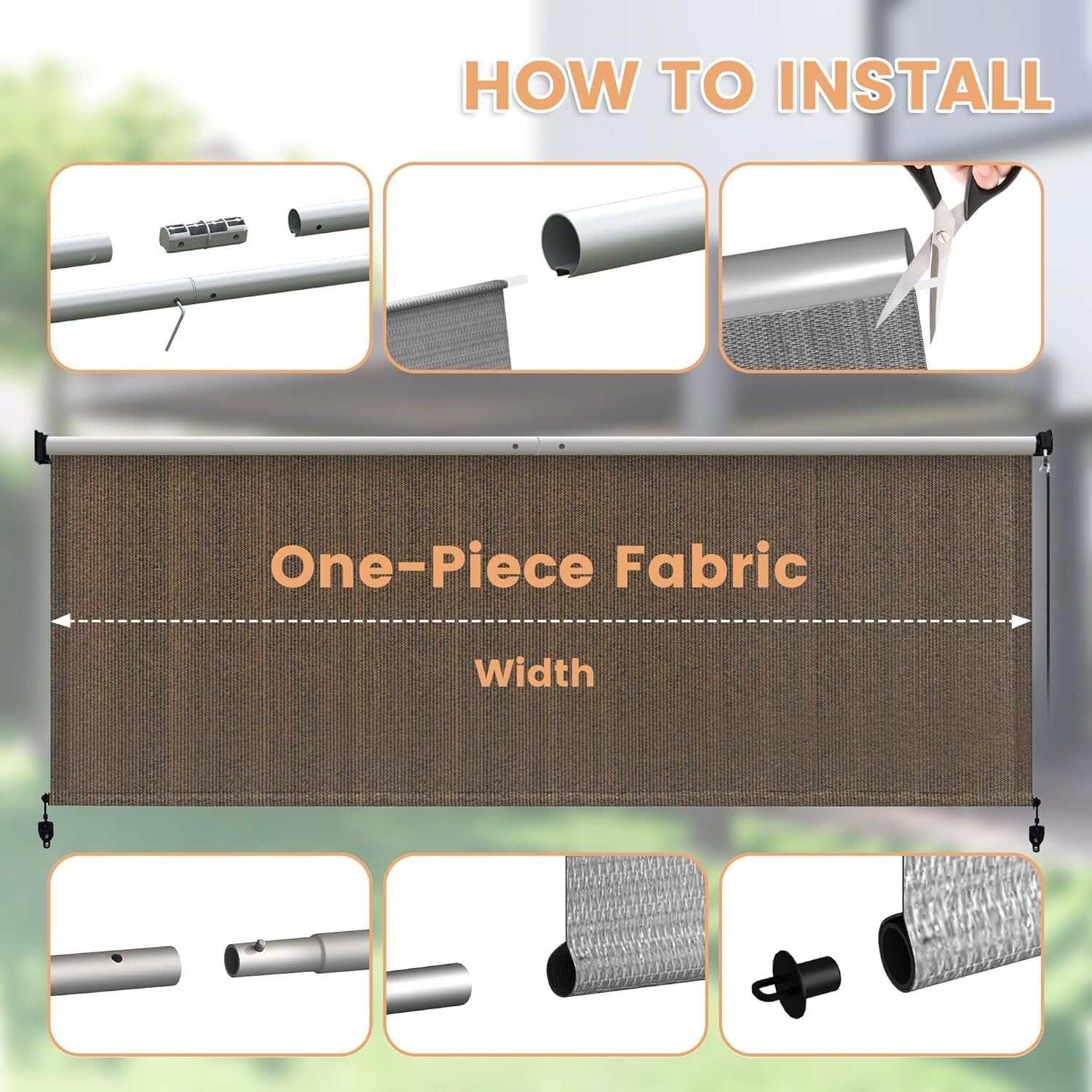 VICLLAX Outdoor Roller Shade (9' W×8' L), Patio Cordless Roller Blinds, Exterior Roll Up Shade with Spliced Design for Patio Porch Gazebo, Mocha