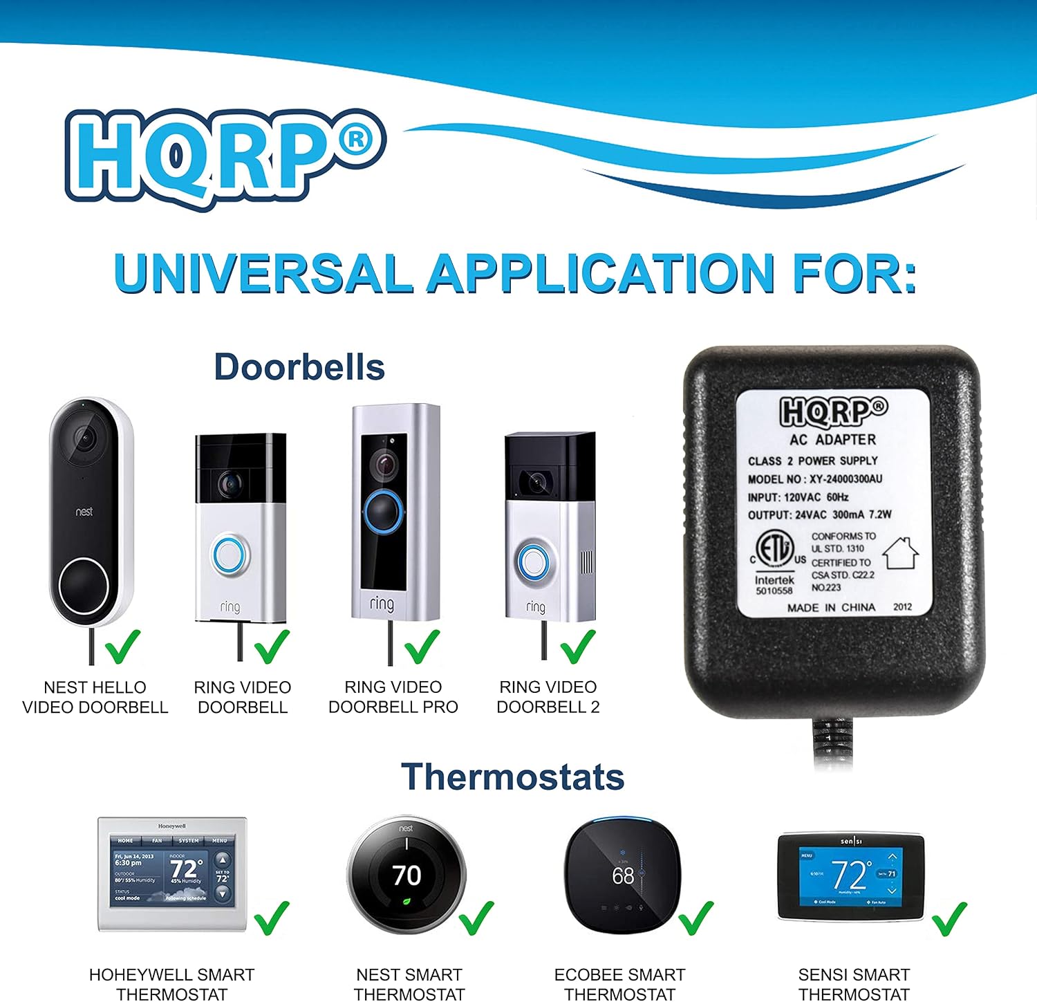 HQRP 24-Pack 24V AC Adapter Transformer Compatible with Ecobee Google Nest Honeywell Emerson Ecobee4 Smart WiFi Thermostat, Wyze Ring Blink Video Doorbell C-Wire, 25ft Cable, ETL Listed