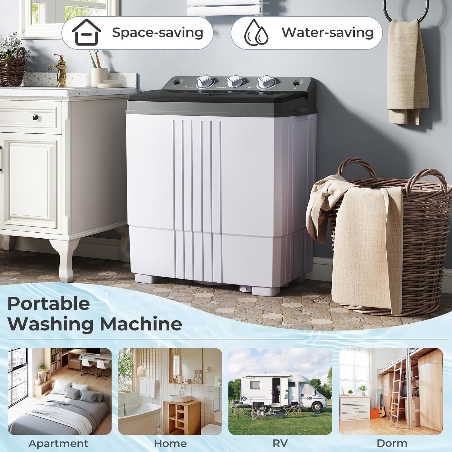 Giantex Portable Washing Machine, 20 LBS Washer & Spinner Combo with Built-in Drain Pump & Time Control, Compact Twin Tub 12 LBS Washing & 8 LBS Spin Drying for Apartment Dorm RV (Grey+White)