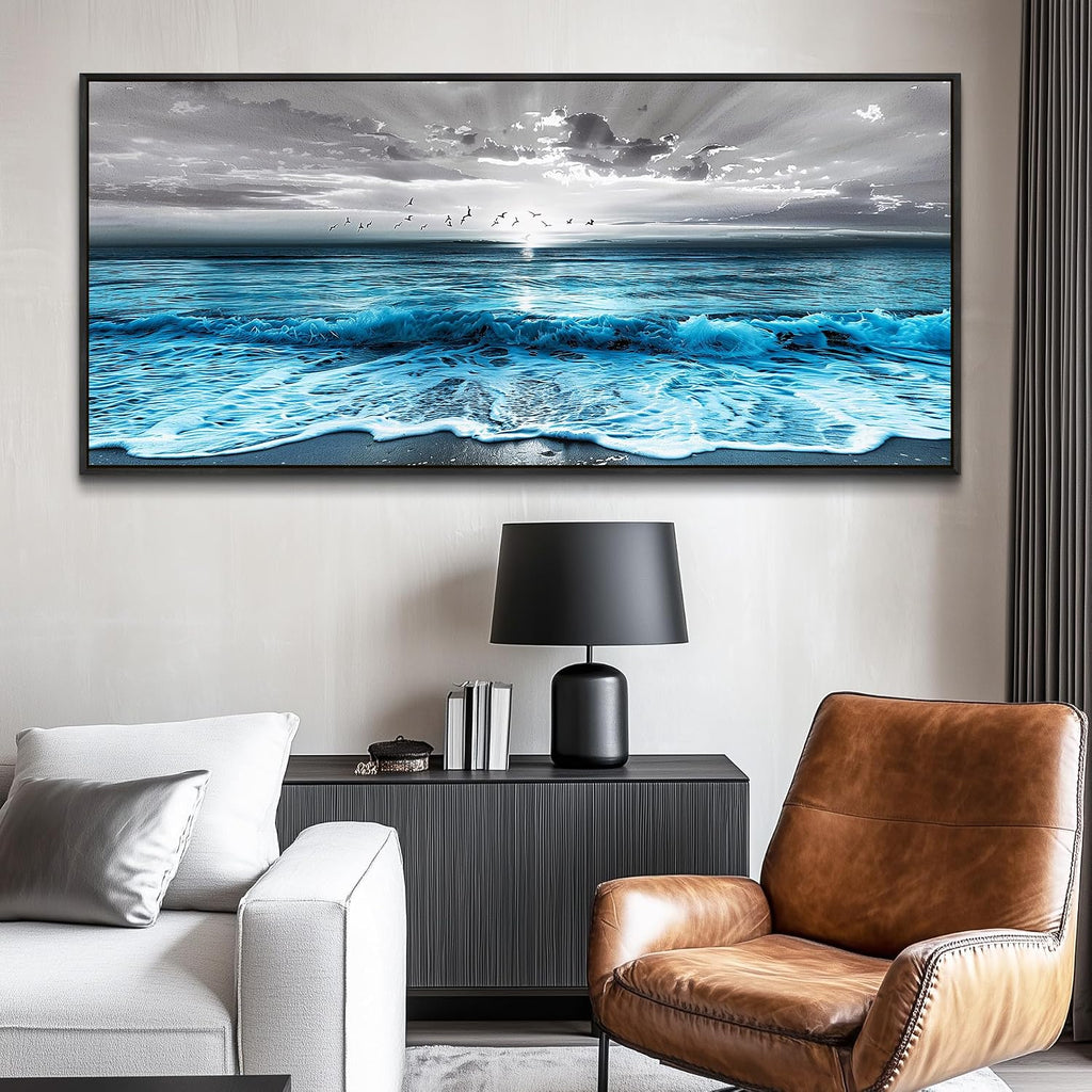 ERQINHUA Large Canvas Black Frame Wall Decor For Living Room Blue Sea Wave Ocean Painting Wall Art For Bedroom Office Dining room Decorations Beach Artworks Wall Pictures Modern Home Decor 32x72 In