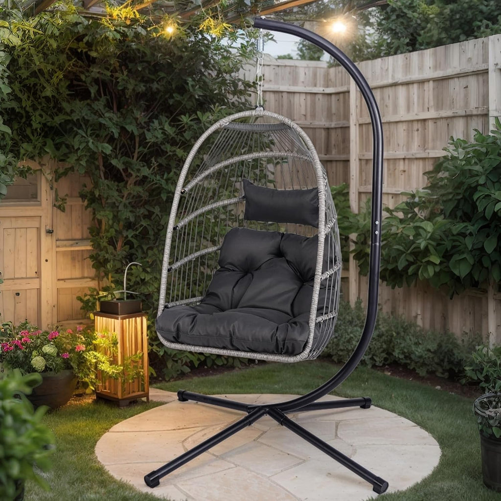 Wicker Egg Chair with Stand, Indoor Outdoor Hammock Chair for Bedroom, Living Room, Balcony, Includes Cushion & Durable Steel Frame,350LBS Capacity (Black)