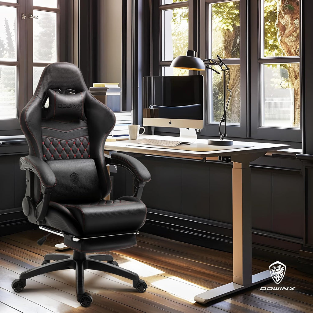 Dowinx Gaming/Office PC Chair with Massage Lumbar Support, Vintage Style PU Leather High Back Adjustable Swivel Task Chair with Footrest (Black and Red)