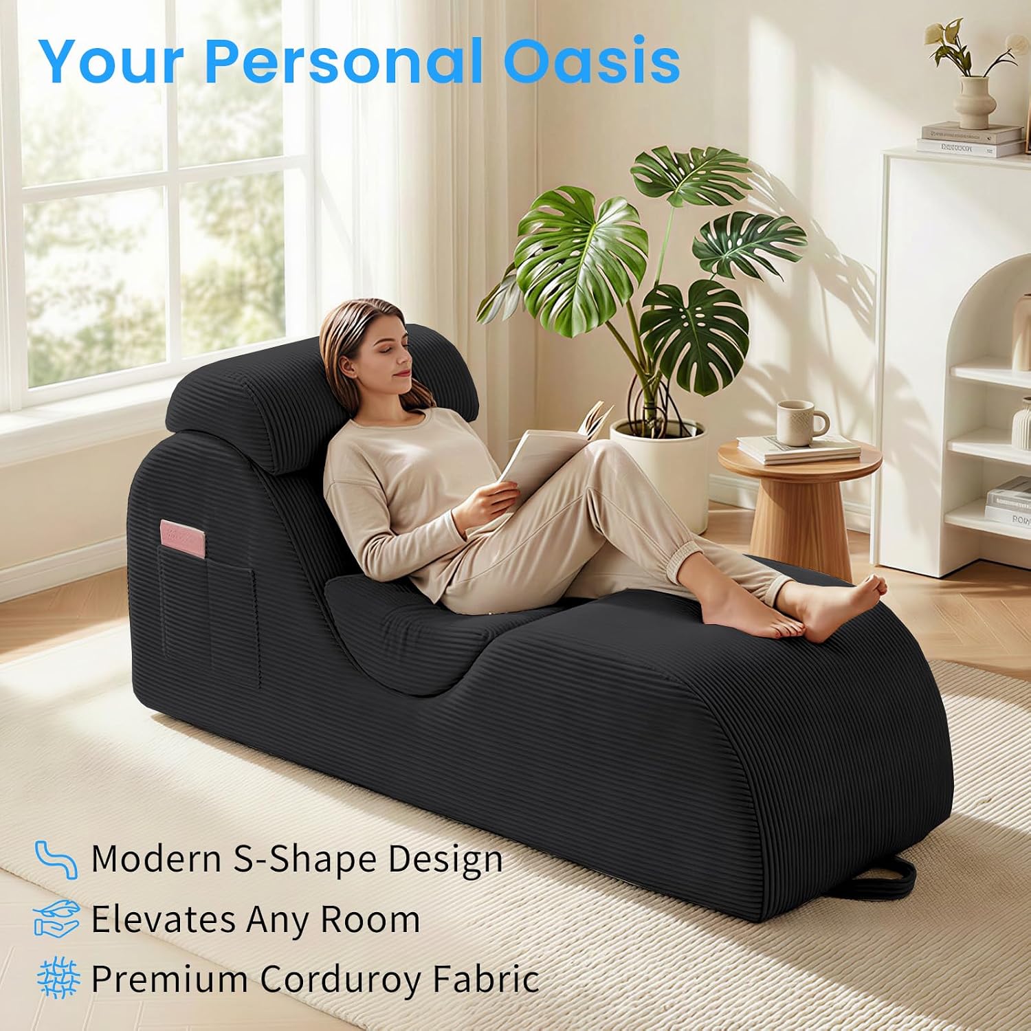 ijuicy 25' Wide Ergonomic Stretch Yoga Chair, Modern Floor Relax Chaise Lounge Chair with Adjustable Headrest, Waist Support Cushion, Movable Footrest & Side Pockets-Dark Grey