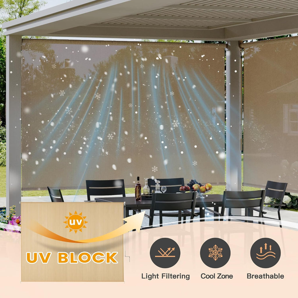 VICLLAX Cordless Outdoor Roller Shade with Splicing Design 10'×8', Exterior Roll Up Shade Blind for Porch, Patio, Yard, Wheat