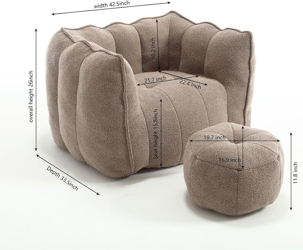 Giant Bean Bag Chair with Ottoman, Oversized Beanbag Chair for Adults, Comfy Floor Sofa Chair with Foam Filler, Pumpkin Lazy Lounger for Living Room, Game Room, Reading Corner, Chenille Taupe Brown
