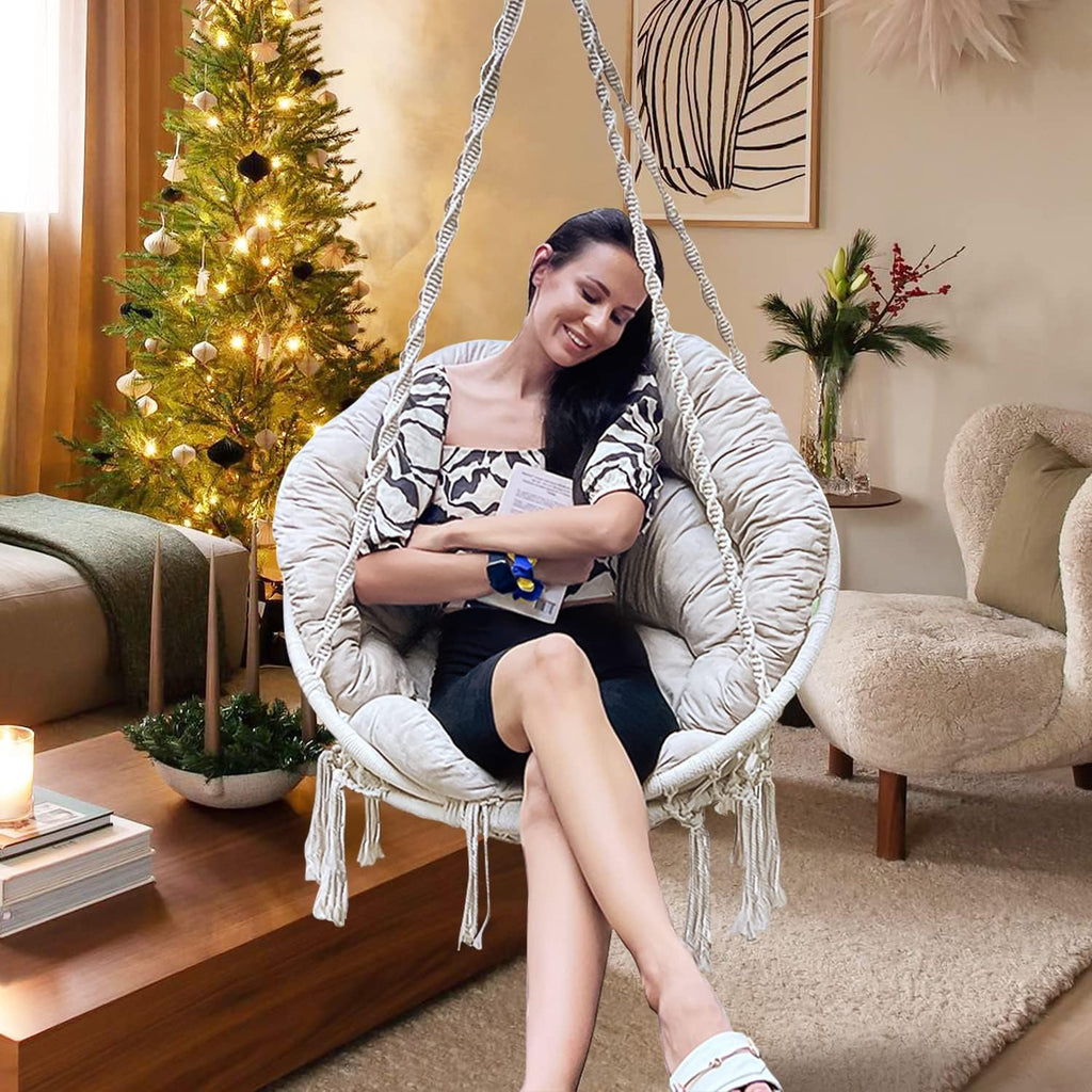 Hammock Chair with Cushion and Eye Bolt Hooks, Handmade Macrame Swing Chair with Hanging Hardware Kits, Bohemian Style Cotton Rope Hanging Chair for Bedroom Indoor Outdoor