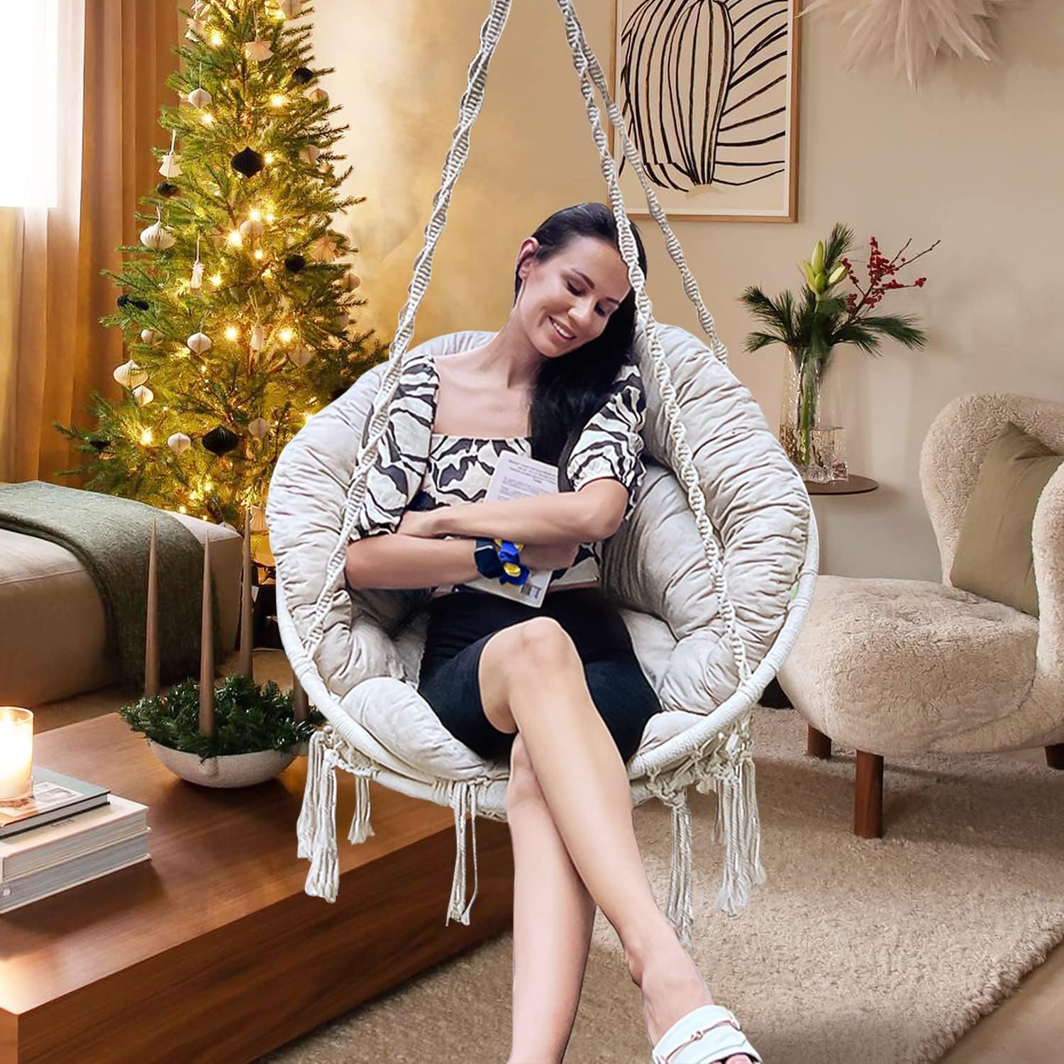 Hammock Chair with Cushion and Eye Bolt Hooks, Handmade Macrame Swing Chair with Hanging Hardware Kits, Bohemian Style Cotton Rope Hanging Chair for Bedroom Indoor Outdoor