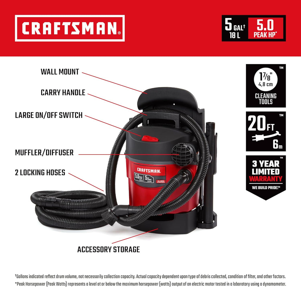 CRAFTSMAN CMXEVBE17925 5 Gallon 5.0 Peak HP Wet Dry Vac, Portable and Wall-Mountable Shop Vacuum with Filter, 2 Hoses and Attachments for Garage and Automotive Cleaning