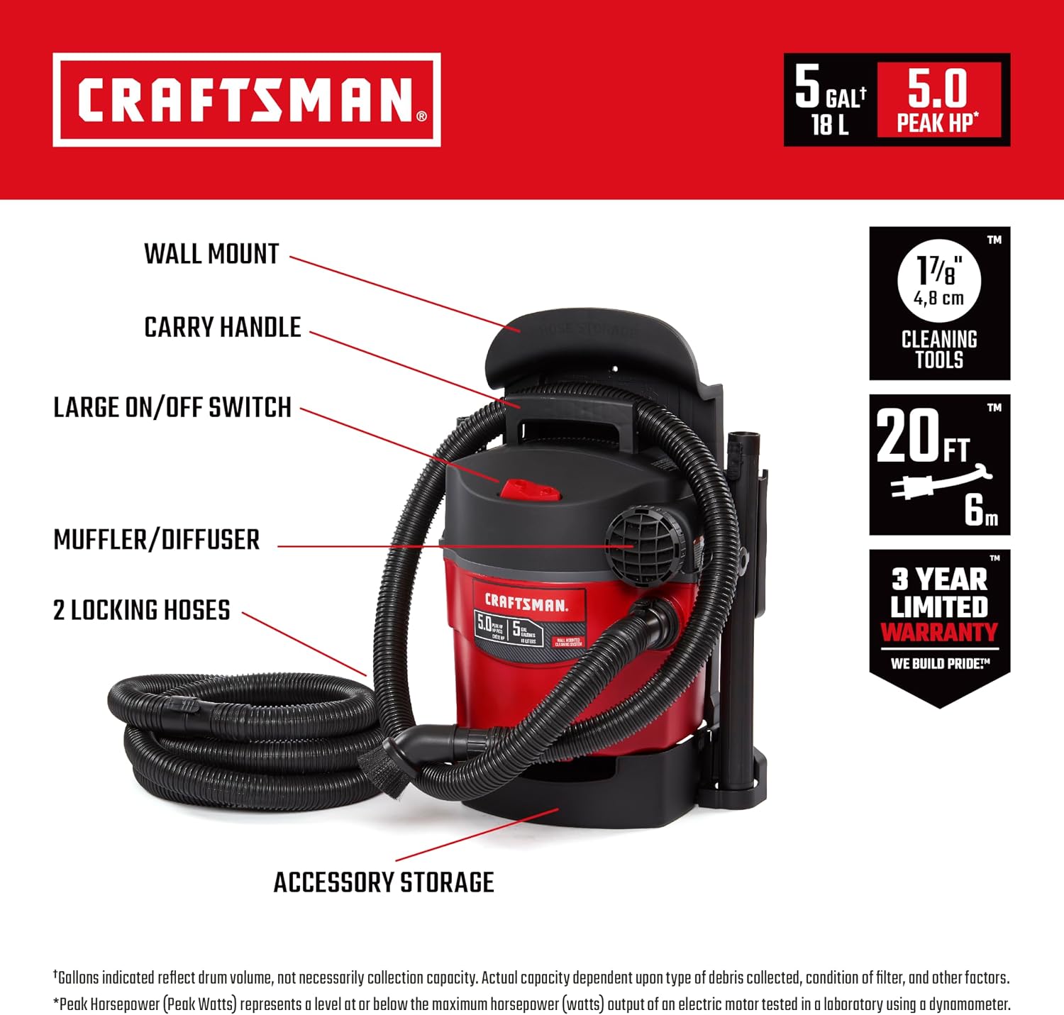 CRAFTSMAN CMXEVBE17925 5 Gallon 5.0 Peak HP Wet Dry Vac, Portable and Wall-Mountable Shop Vacuum with Filter, 2 Hoses and Attachments for Garage and Automotive Cleaning