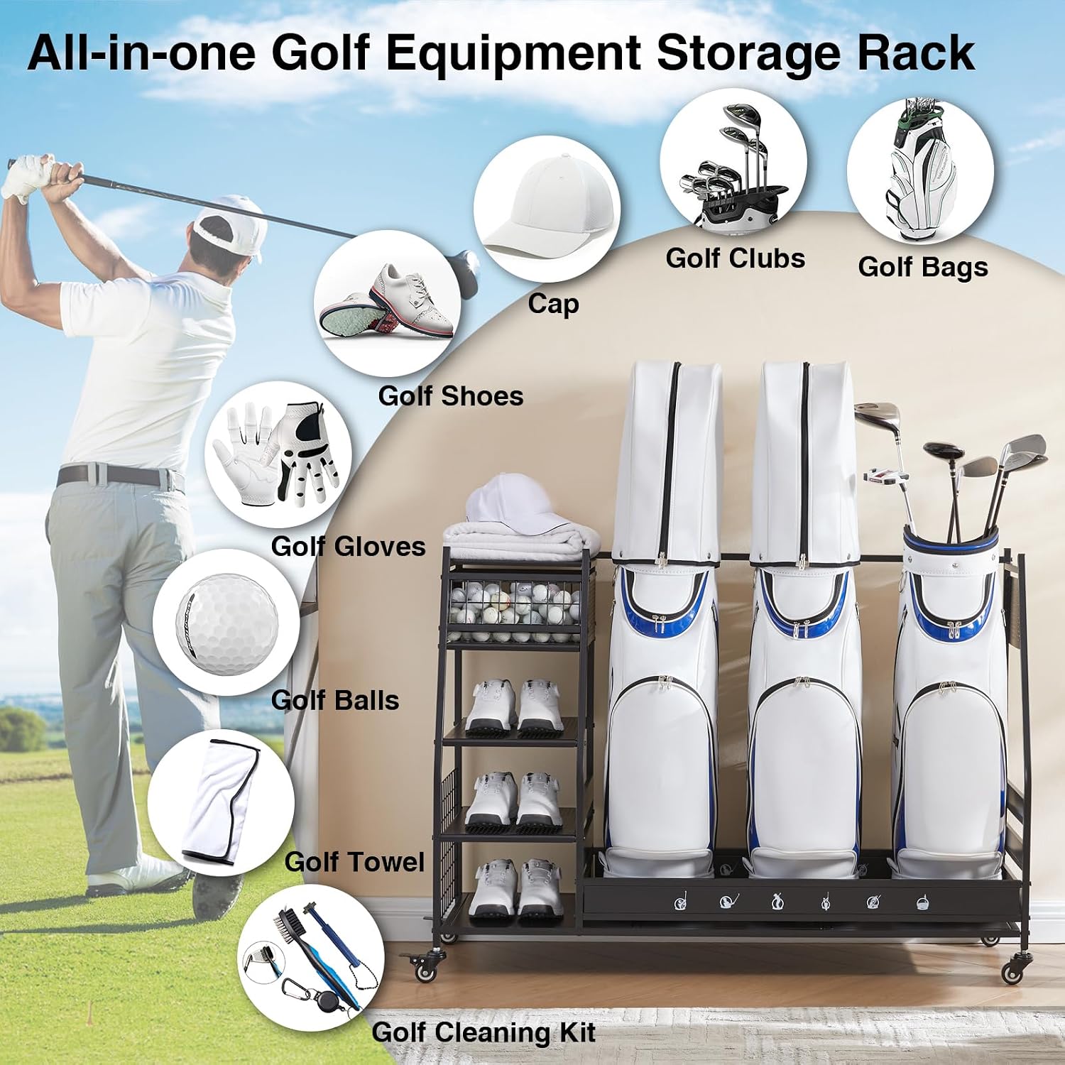 Lauren&Harold Golf Bag Organizer Garage Storage, Golf Storage Rack Stand Fits 2 Golf Bags, Golf Clubs and Other Golfing Equipment Accessories, Golf Organizer for Garage, Club, Shed, Basement