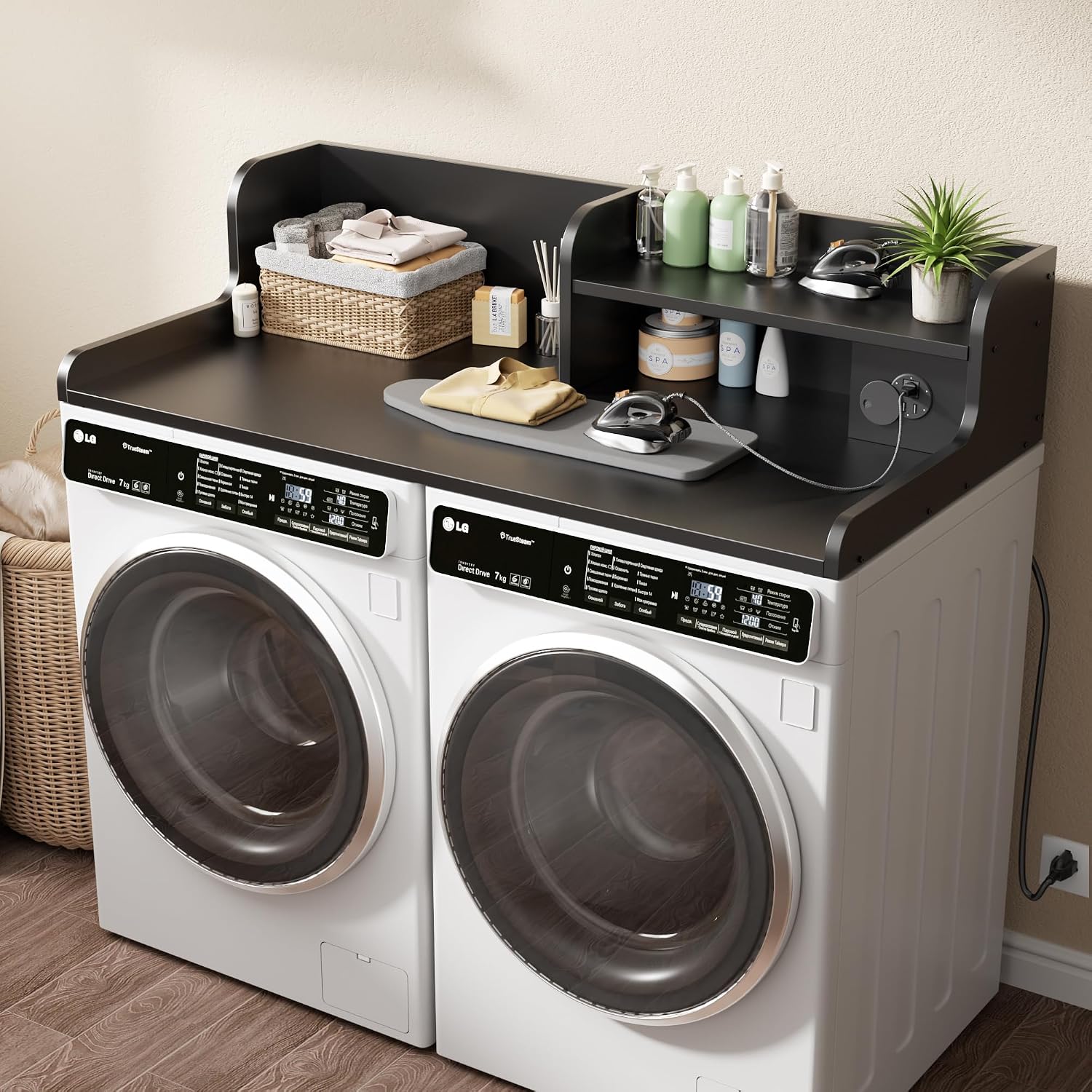 DTK Washer Dryer Countertop with Charging Station, 2 Tier Laundry Countertop with Anti-Slip Strips, 27.55' Depth x 54' Width, Wood Dryer Cover with Shelf, Black