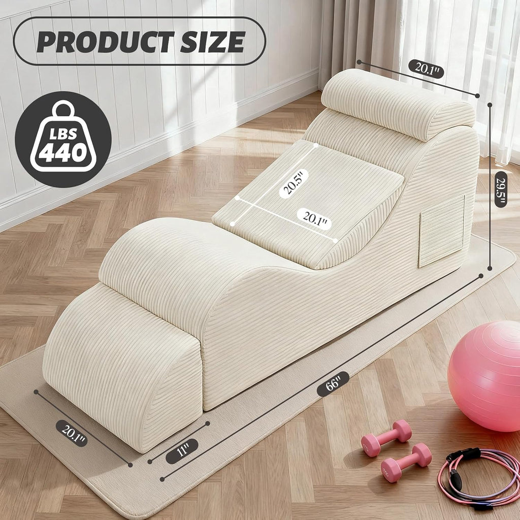Yoga Chair for Adult, Chaise Lounge Chair with Headrest, Waist Pad, Ottoman, Side Pocket, High Density Foam and Non-Slip Bottom, Yoga Chair for Stretching Exercise, Massage, and Relaxation (Beige)