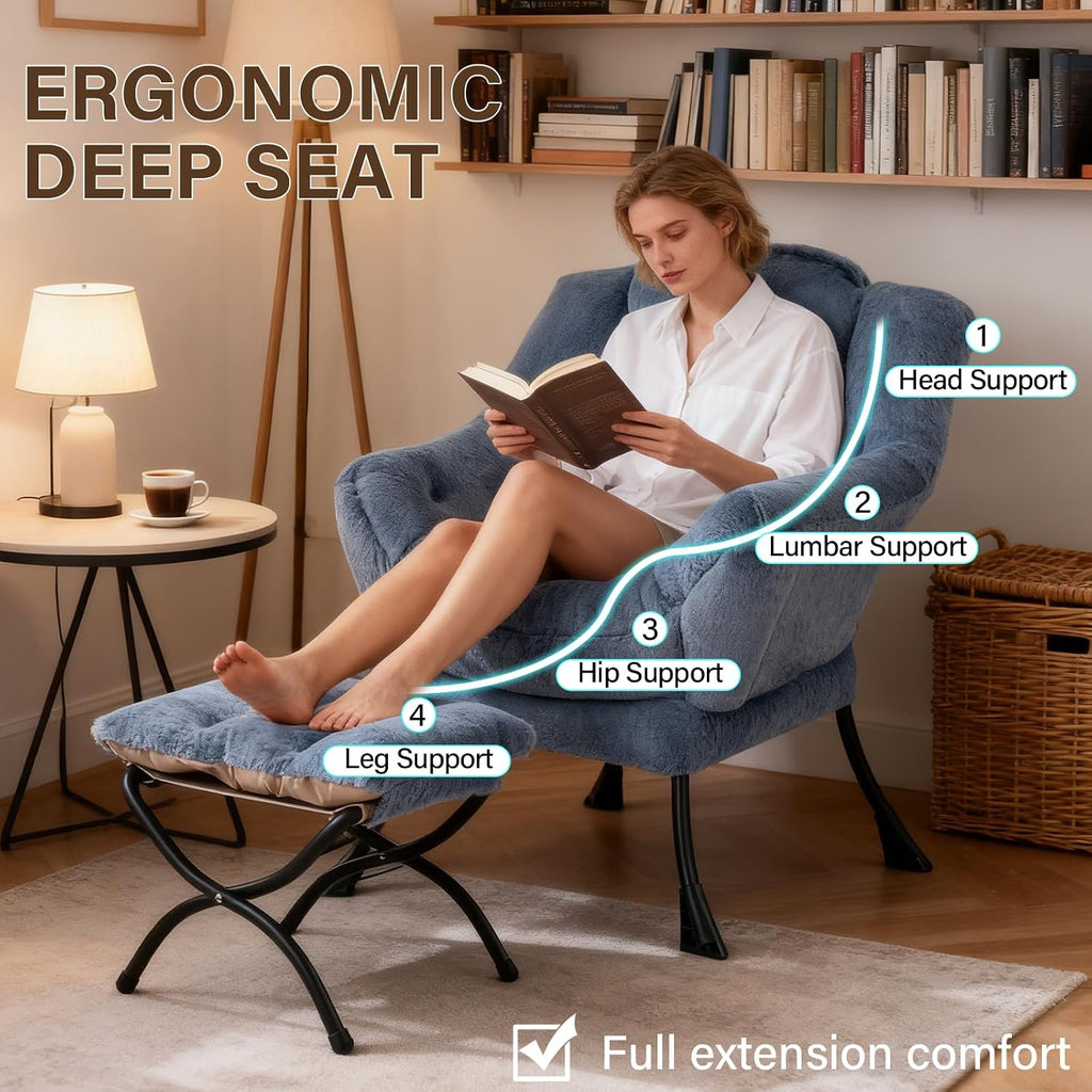 Welnow Lazy Chair with Ottoman, Modern Accent Chair with Armrests and a Side Pocket, Leisure Sofa Armchair Set, Reading Armchair with Footrest for Small Space, Plush Light Blue