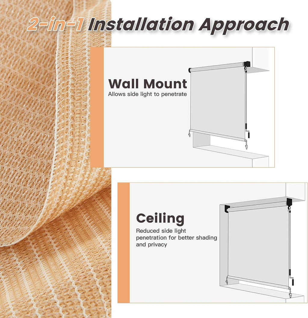 VICLLAX Cordless Outdoor Roller Shade with Splicing Design 10'×8', Exterior Roll Up Shade Blind for Porch, Patio, Yard, Wheat
