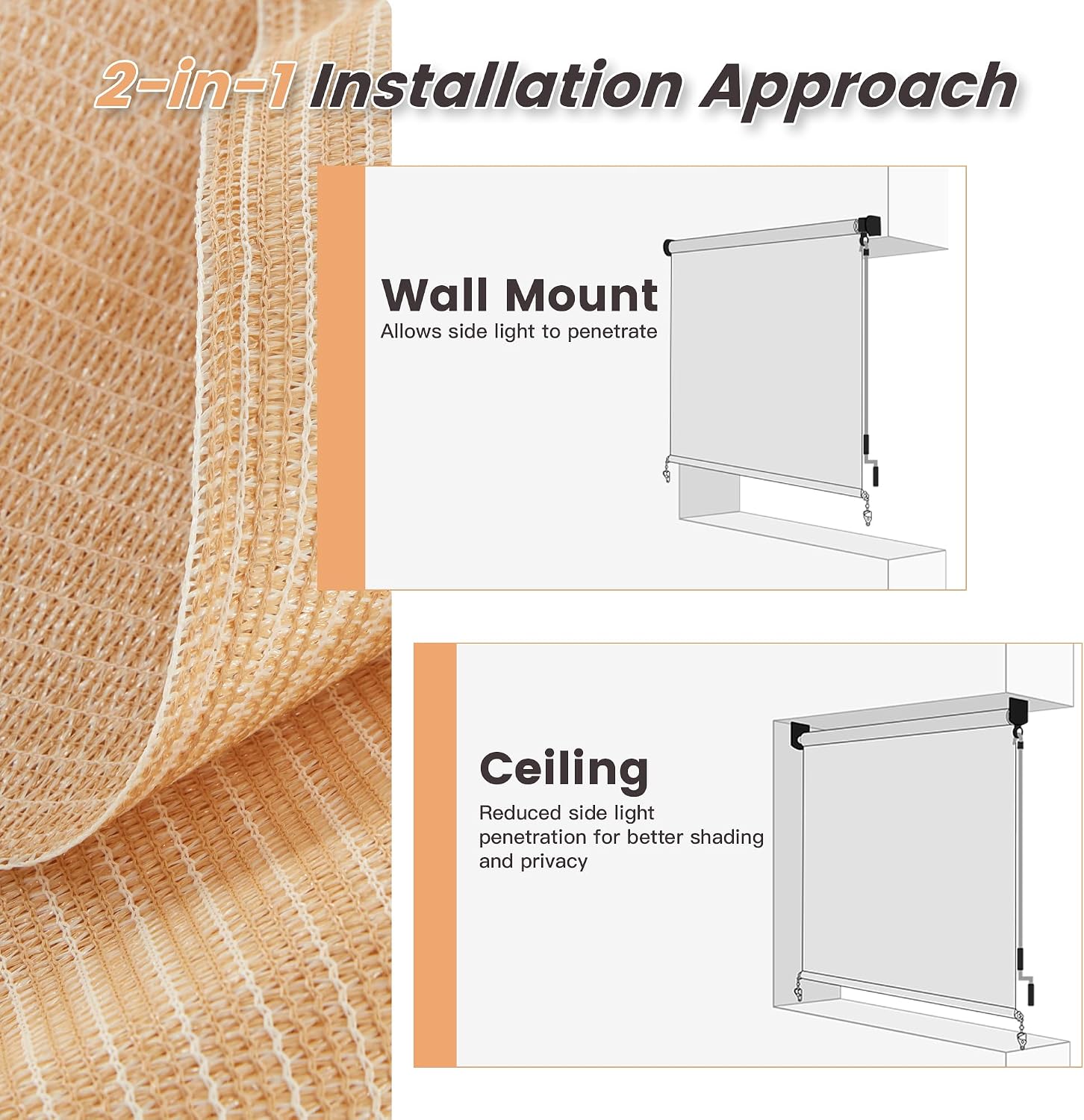 VICLLAX Cordless Outdoor Roller Shade with Splicing Design 10'×8', Exterior Roll Up Shade Blind for Porch, Patio, Yard, Wheat