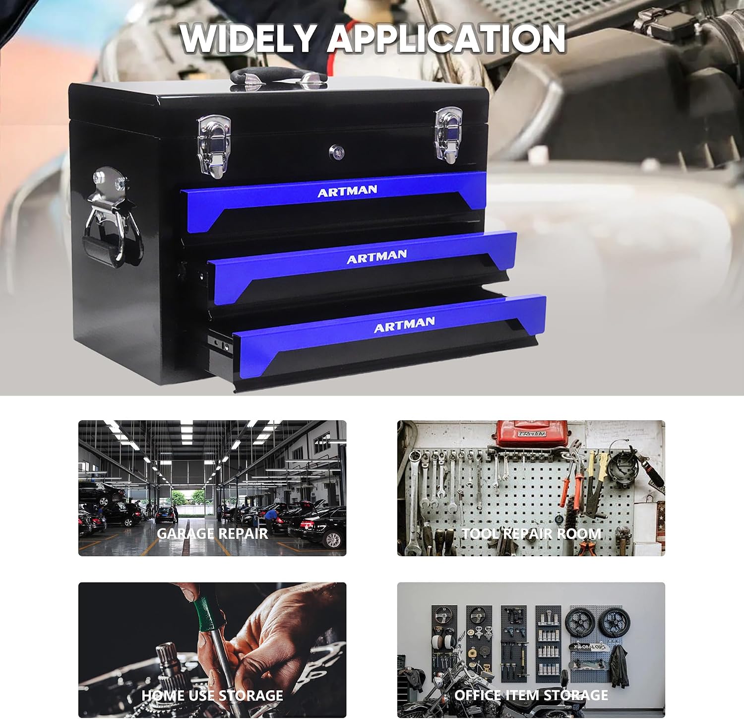 3-Drawer Tool Chest with 439-Piece Mechanics Tool Set | Heavy-Duty Steel Portable Tool Box with Complete Socket & Wrench Kit for Workshop, Garage, and Home Use (Black & Blue)