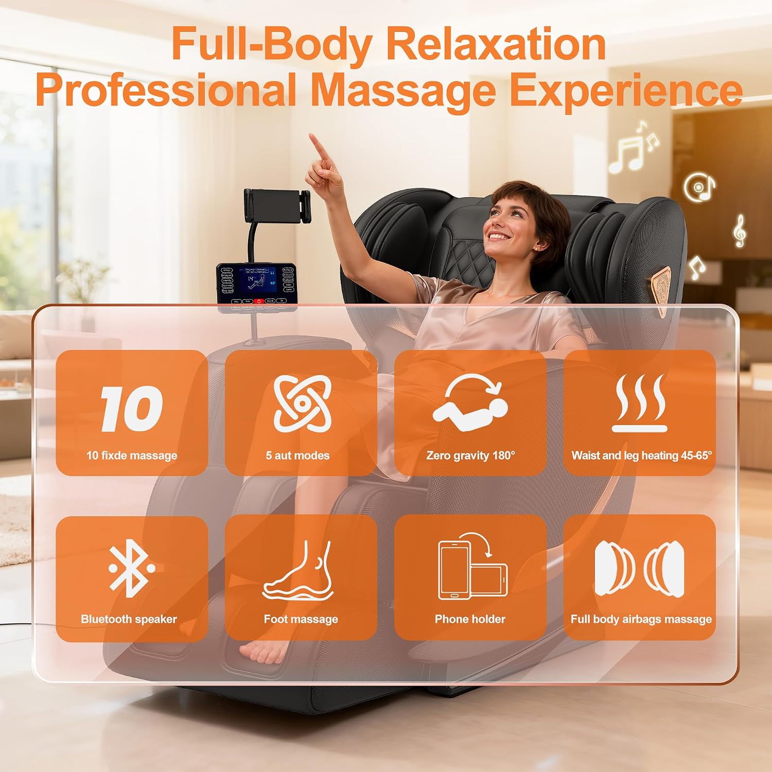 Massage Chair Full Body and Recliner, Zero Gravity Massage Chairs, 10 Fix Rollers, Airbags, Heating, Foot Massage, Auto Modes, Bluetooth Speaker and Touch Control Screen for Home and Office (Black)