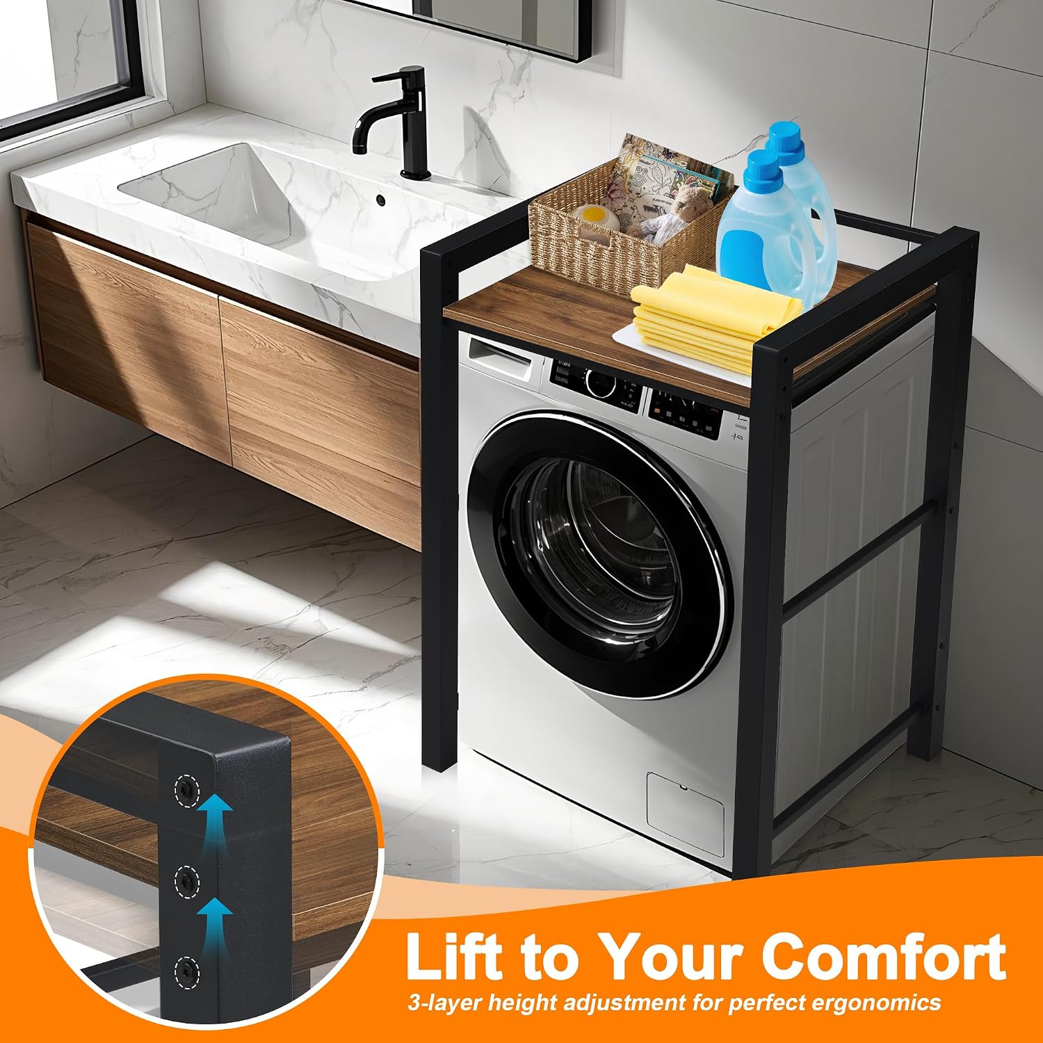 Washer Dryer Stacking Rack, 660lbs Capacity Heavy Duty Washer and Dryer Stacking Stand, 3 Adjustable Height Washing Machine Shelf for Compact Apartment, Laundry Rooms, Bathrooms and RV ((Black)