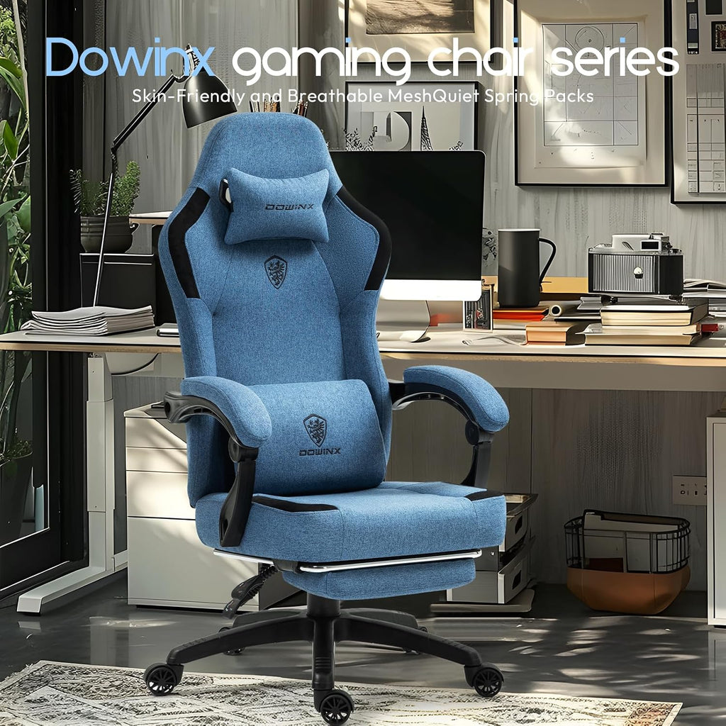 Dowinx Fabric Gaming Chair with Pocket Spring Cushion,Breathable Computer Chair with Massage Lumbar Support and Footrest,High Back Game Office Chair for Adult,Blue