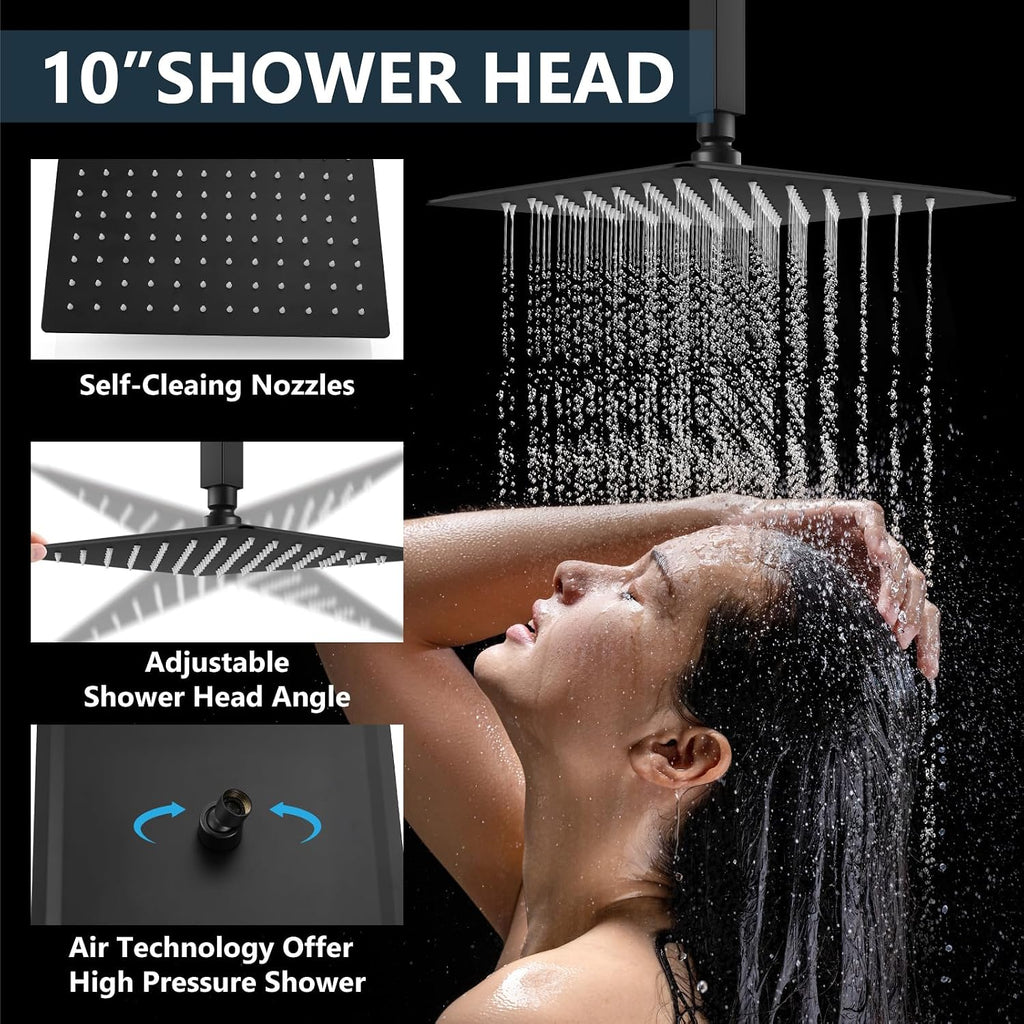 Aolemi Ceiling Mount Shower System Rain Shower Head with Handheld Spray High Pressure Shower Faucet Set Rough-in Valve Shower Trim Kit Included Bathroom Matte Black 10 Inch Ceiling Shower Head