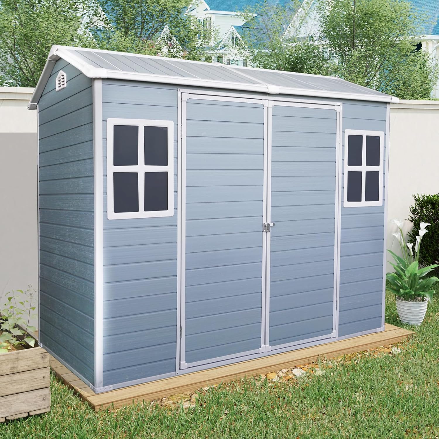 Plastic Storage Shed with Floor, Resin Shed with Floor, 8x4FT Outdoor Shed with 2 Windows and Lockable Door Sheds for Garden Tools, Bike